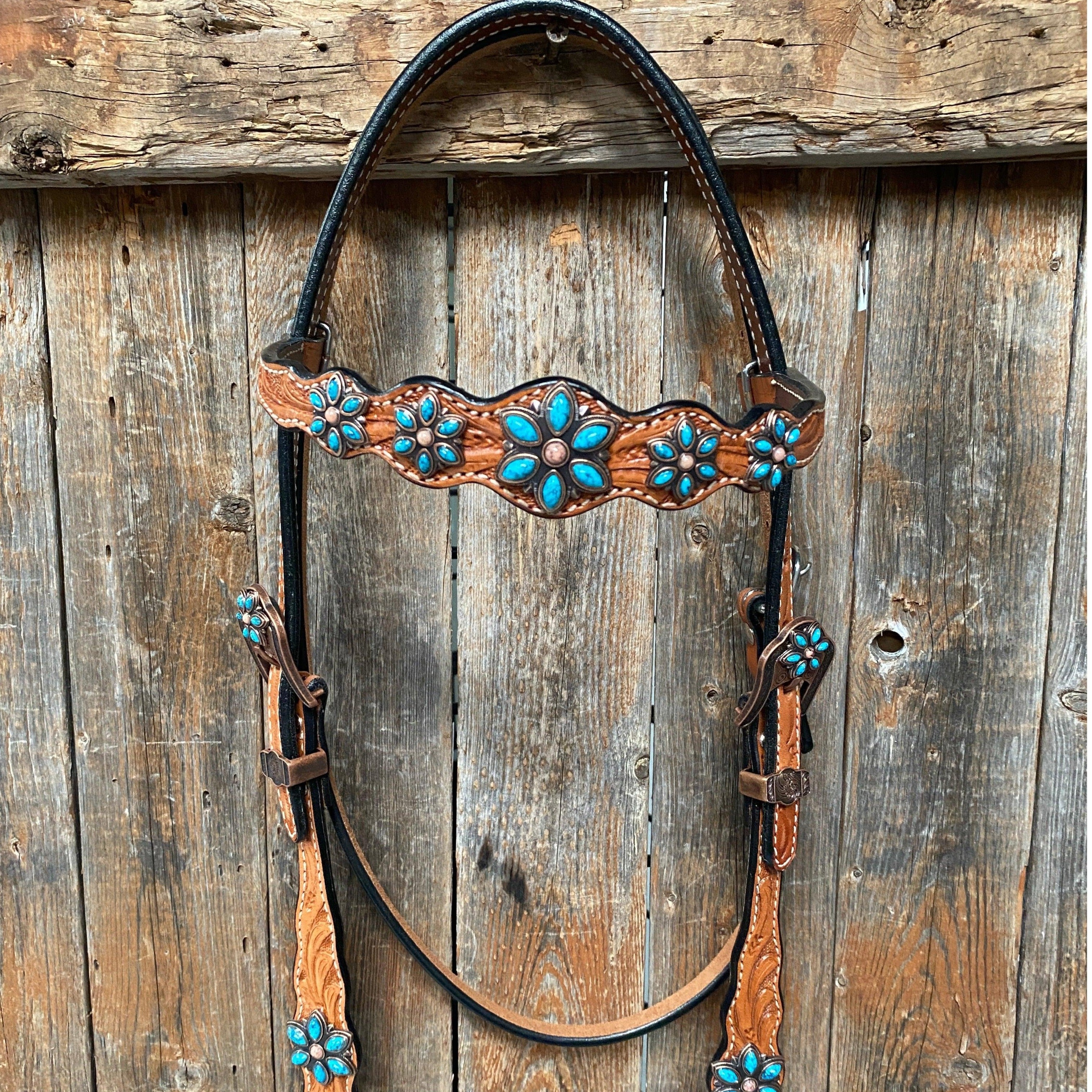 Light Floral Turquoise Browband/One Ear Tack Set with Wither Strap #BBBC469 - RODEO DRIVE