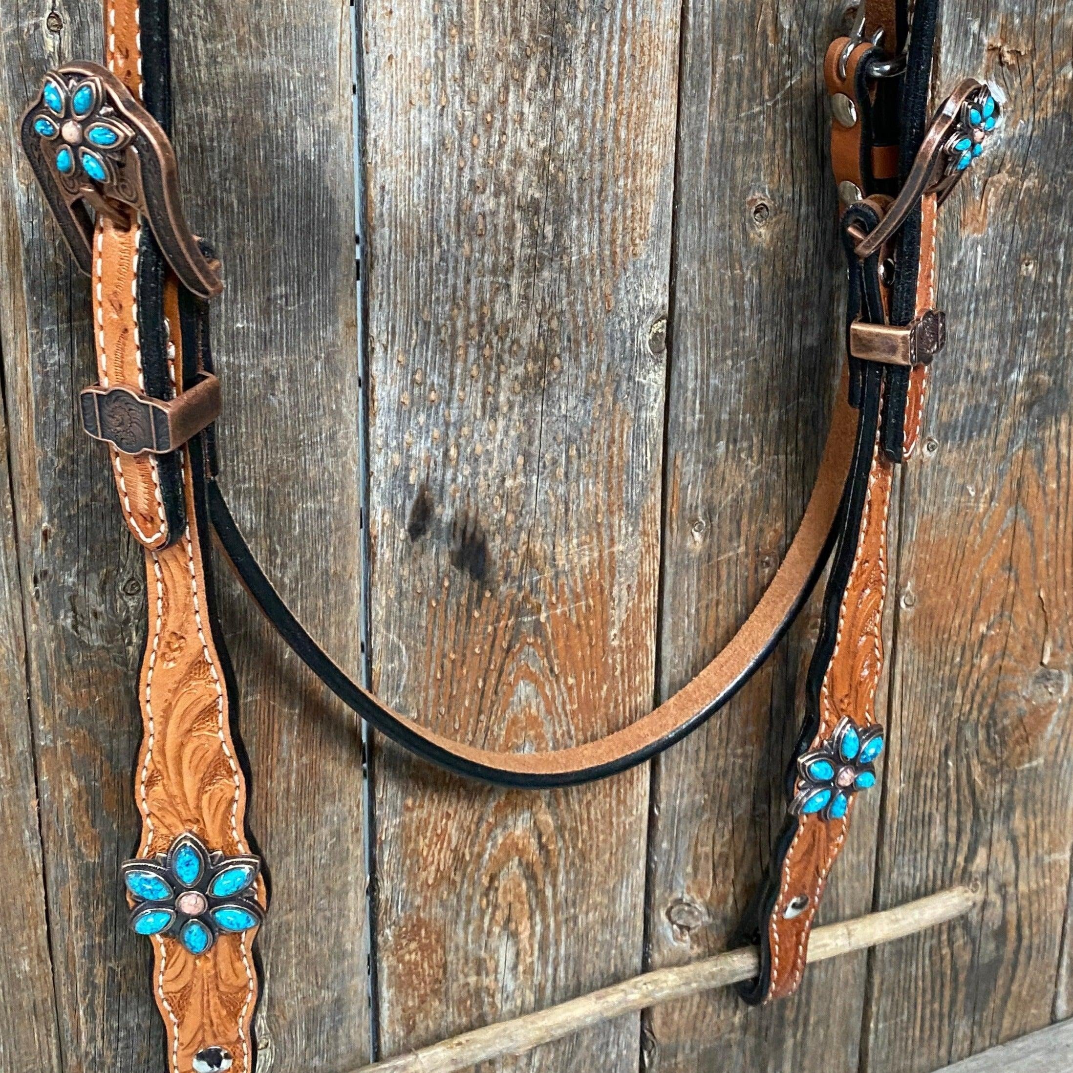 Light Floral Turquoise Browband/One Ear Tack Set with Wither Strap #BBBC469 - RODEO DRIVE