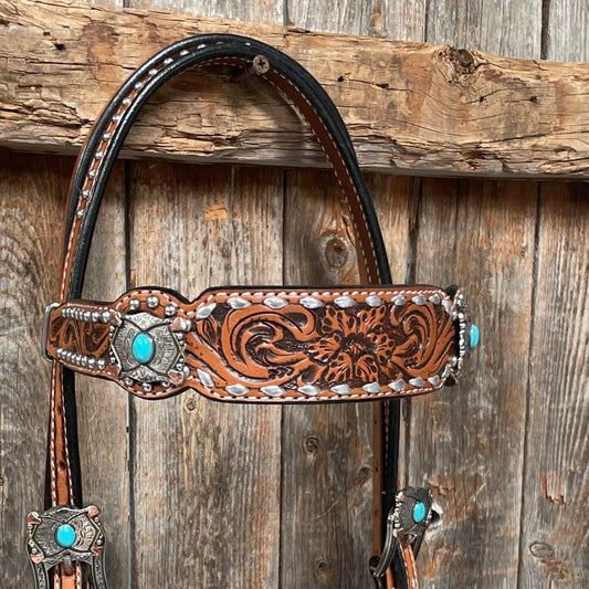 Silver Buckstitch with Turquoise Browband / One Ear / Breastcollar #BBBC478 - RODEO DRIVE