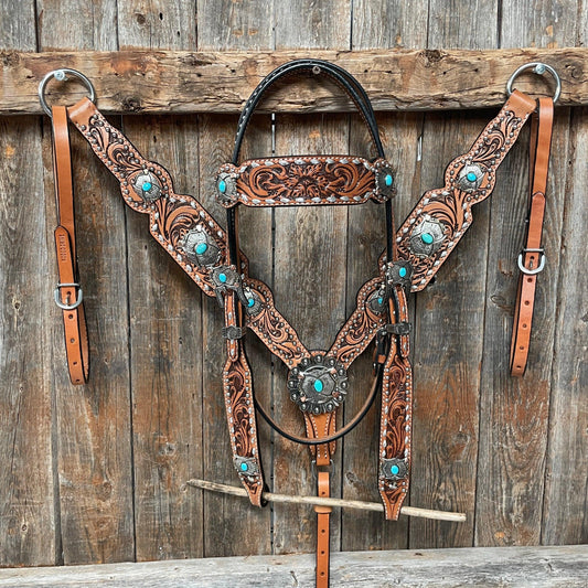 Silver Buckstitch with Turquoise Browband / One Ear / Breastcollar #BBBC478 - RODEO DRIVE