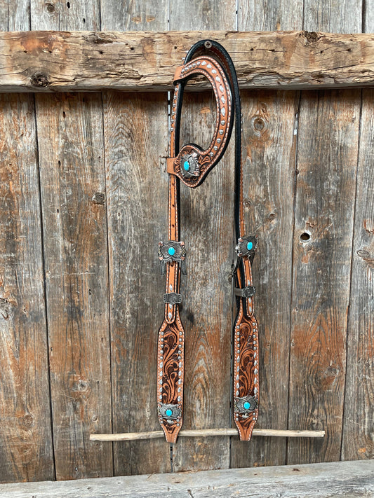 Silver Buckstitch with Turquoise Browband / One Ear / Breastcollar #BBBC478 - RODEO DRIVE
