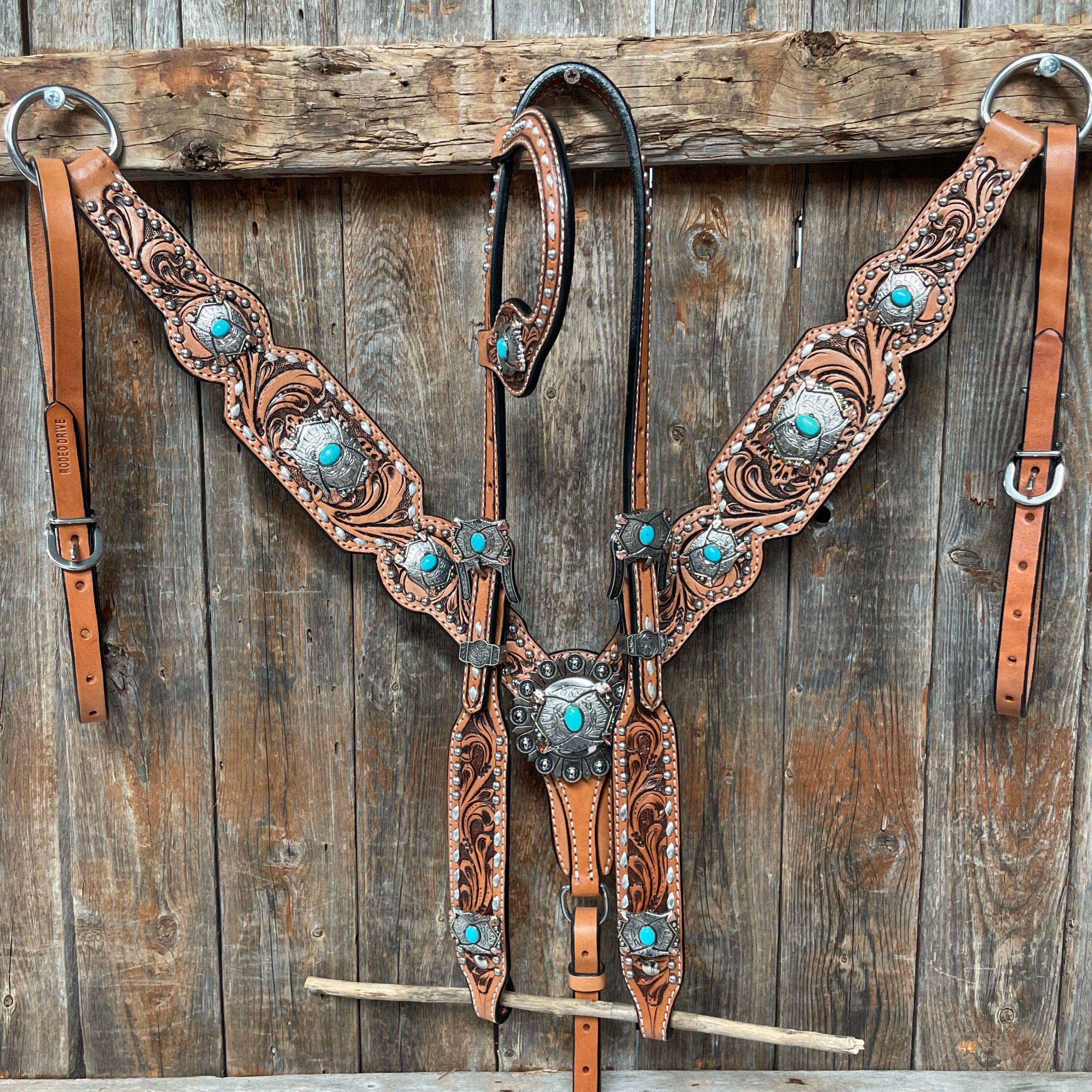 Silver Buckstitch with Turquoise Browband / One Ear / Breastcollar #BBBC478 - RODEO DRIVE