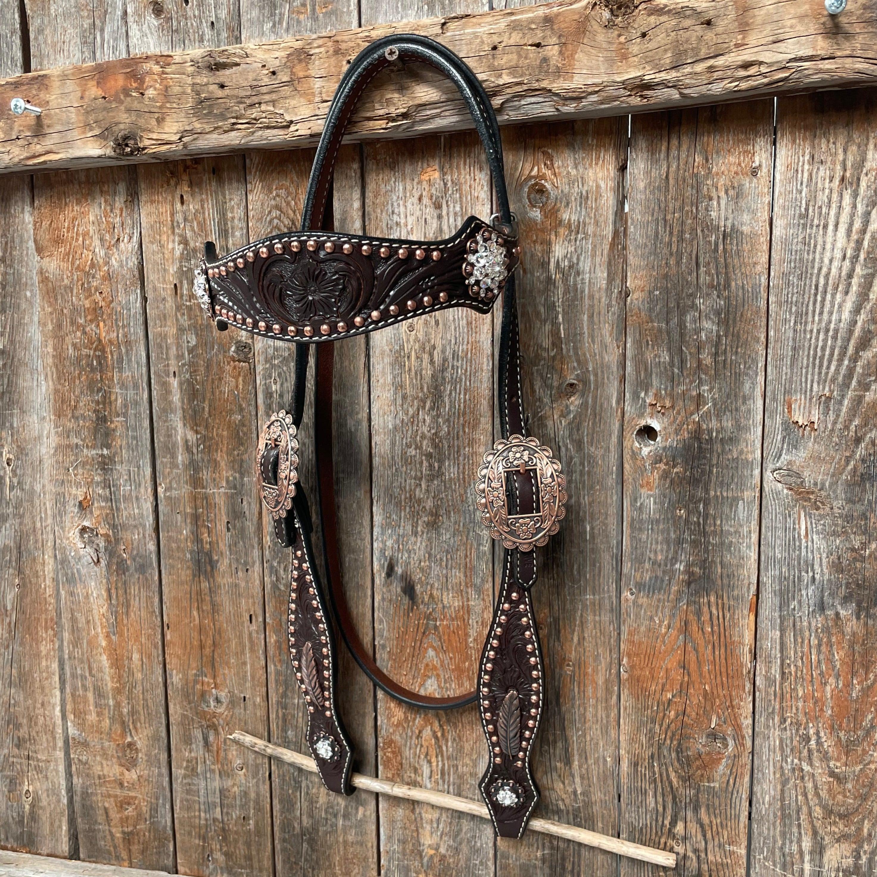 Dark Oil Floral Copper Dot Clear Browband / One Ear / Breastcollar Buckstitch #BBBC486 - RODEO DRIVE