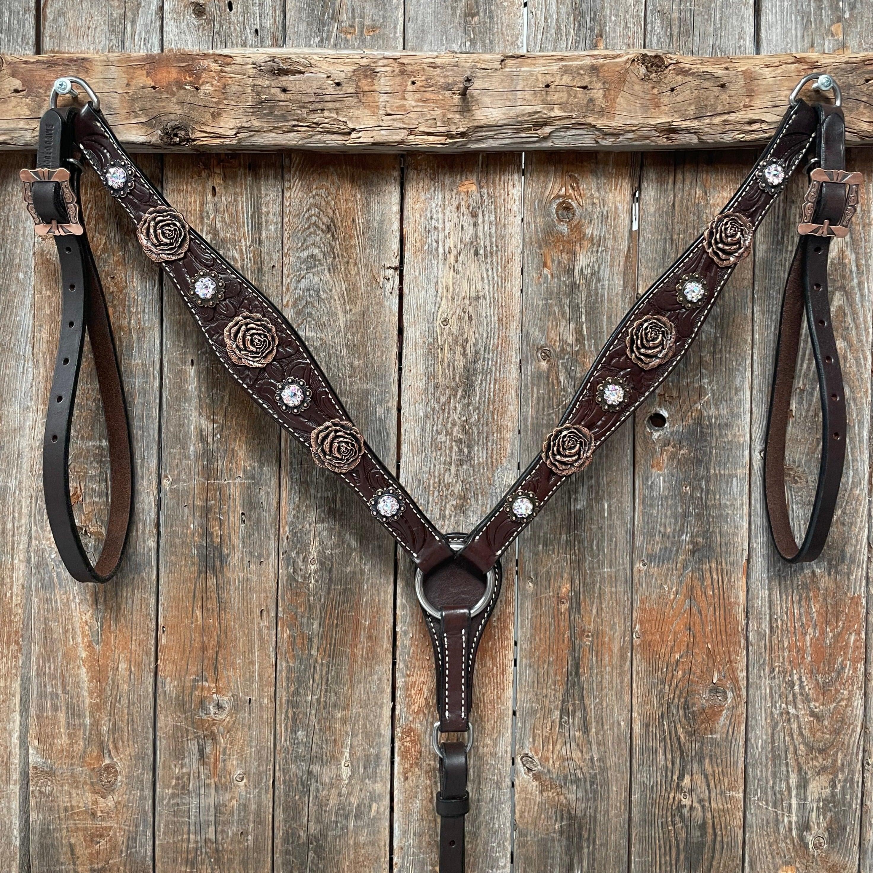 Dark Oil Floral Tooled Roses Browband & Breastcollar Tack Set #BBBC487 - RODEO DRIVE