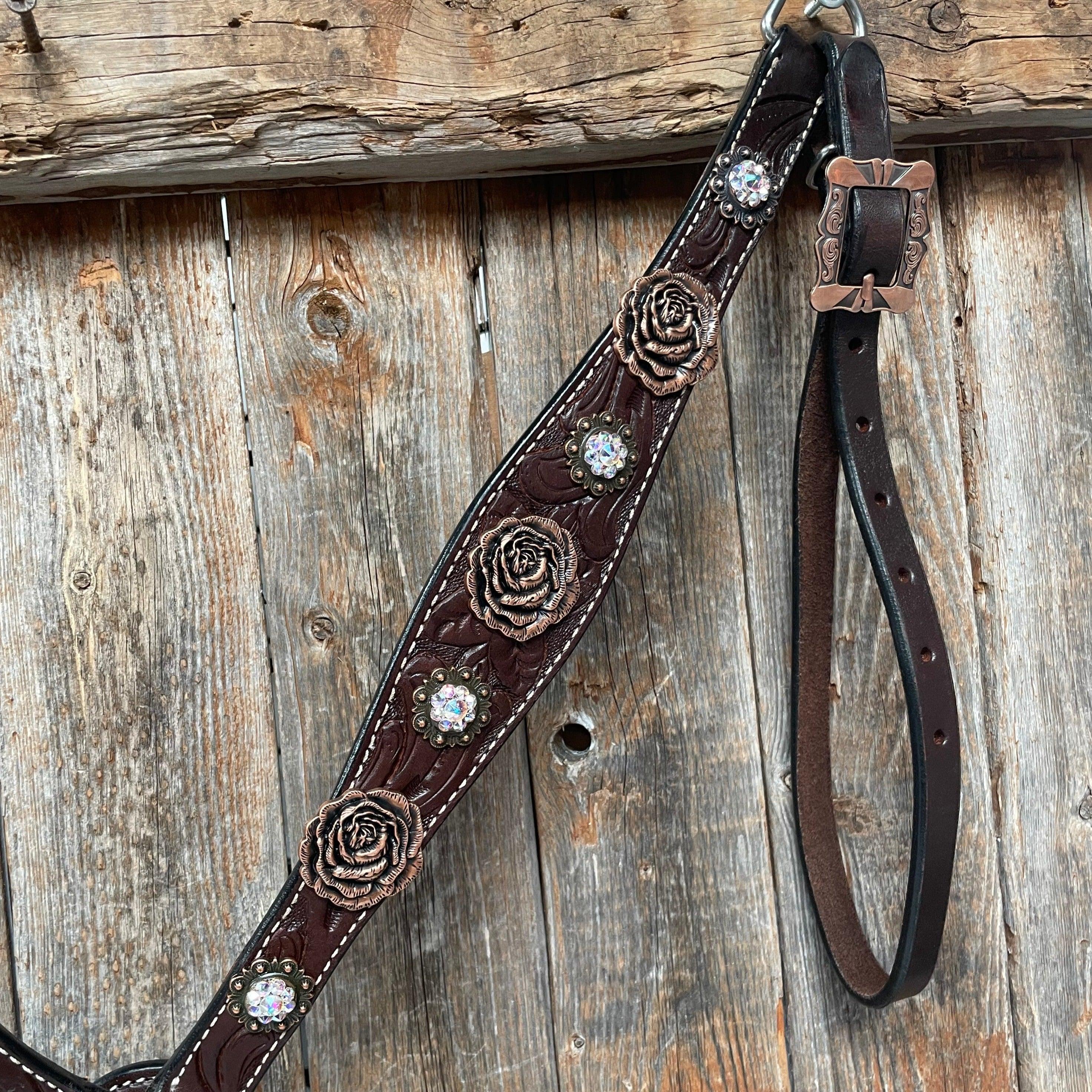Dark Oil Floral Tooled Roses Browband & Breastcollar Tack Set #BBBC487 - RODEO DRIVE