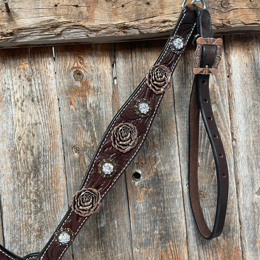 Dark Oil Floral Tooled Roses Browband & Breastcollar Tack Set #BBBC487 - RODEO DRIVE