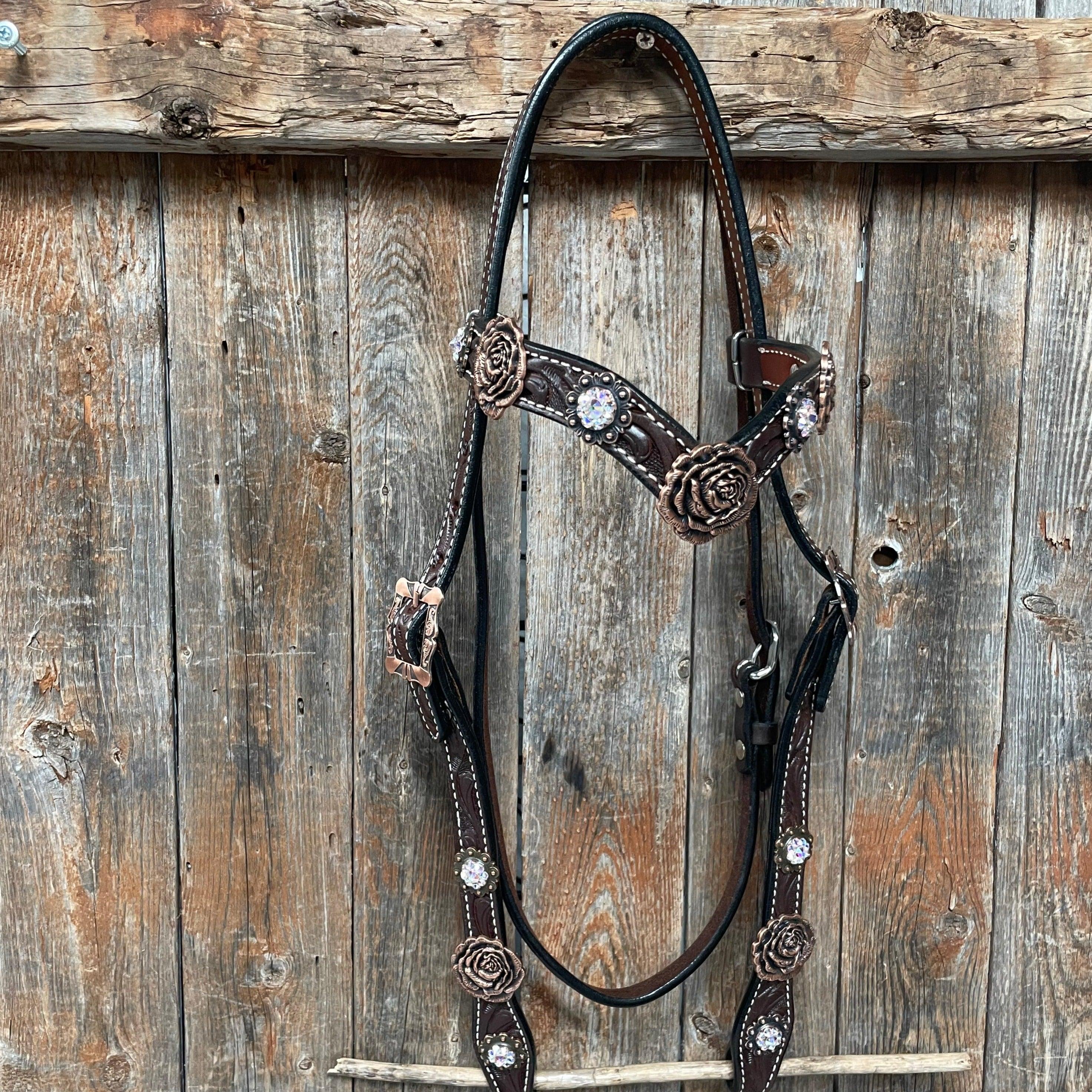 Dark Oil Floral Tooled Roses Browband & Breastcollar Tack Set #BBBC487 - RODEO DRIVE