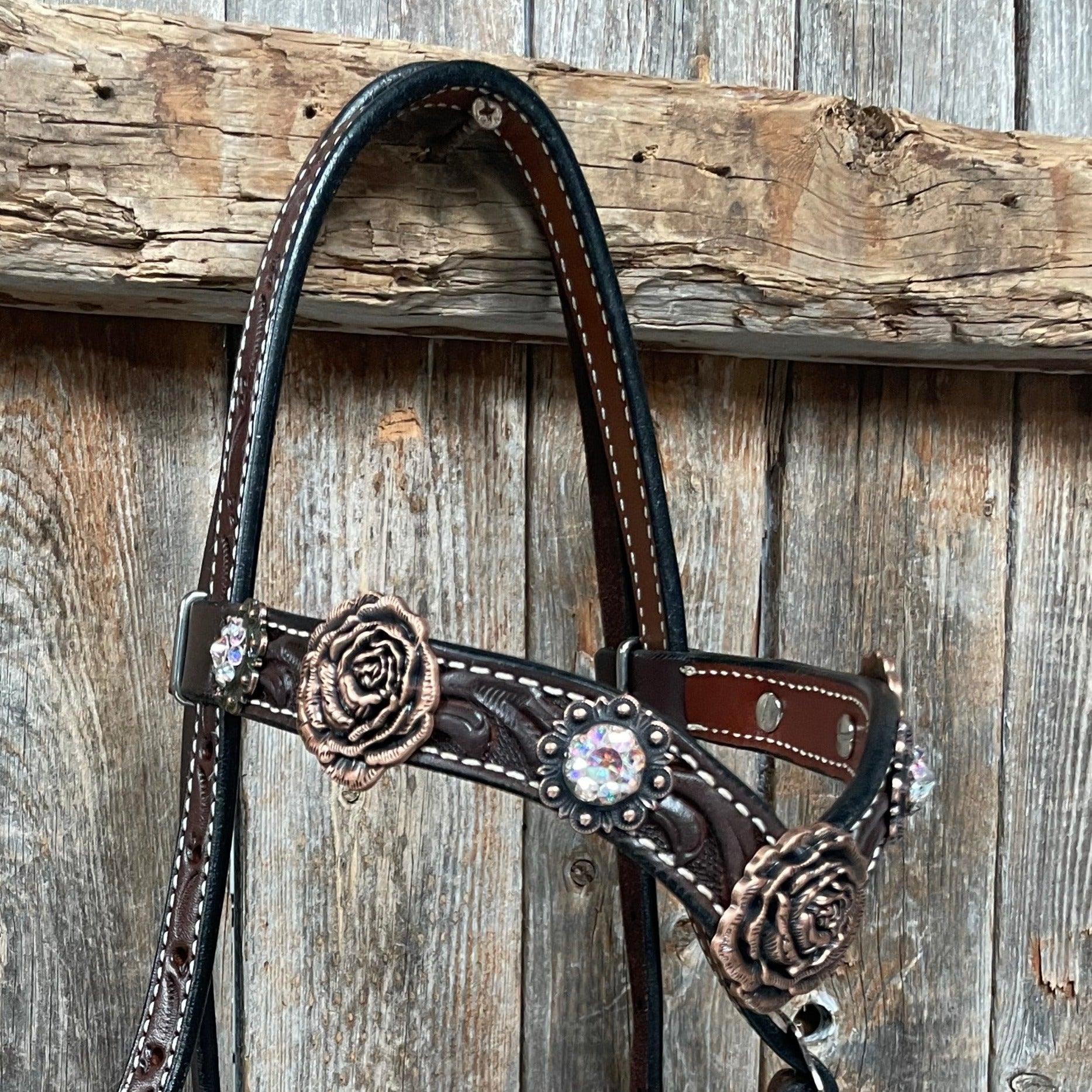 Dark Oil Floral Tooled Roses Browband & Breastcollar Tack Set #BBBC487 - RODEO DRIVE