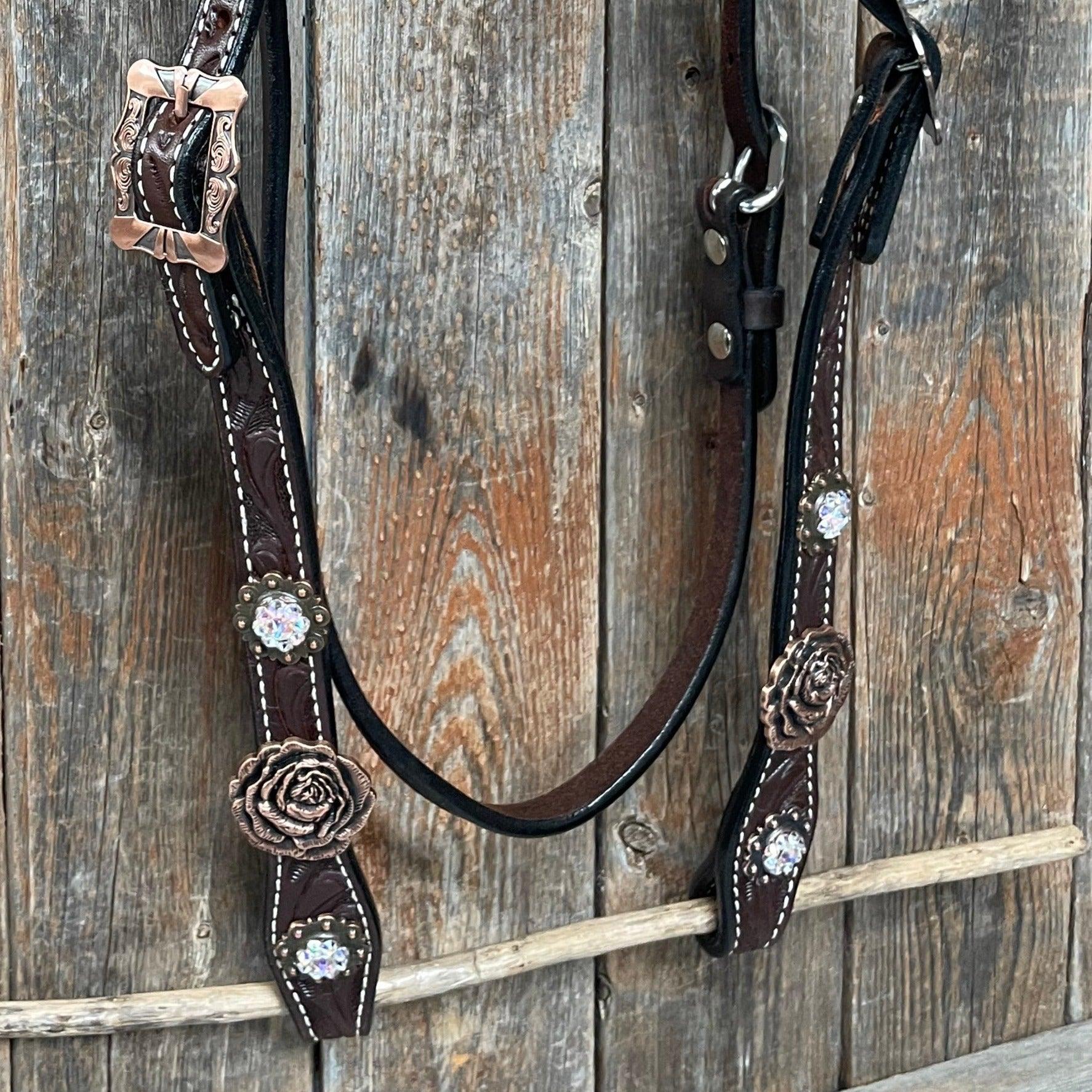 Dark Oil Floral Tooled Roses Browband & Breastcollar Tack Set #BBBC487 - RODEO DRIVE