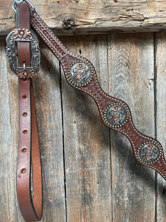 Medium Oil Basketweave Flower and Cactus Browband/One Ear Tack Set #BBBC491 - RODEO DRIVE