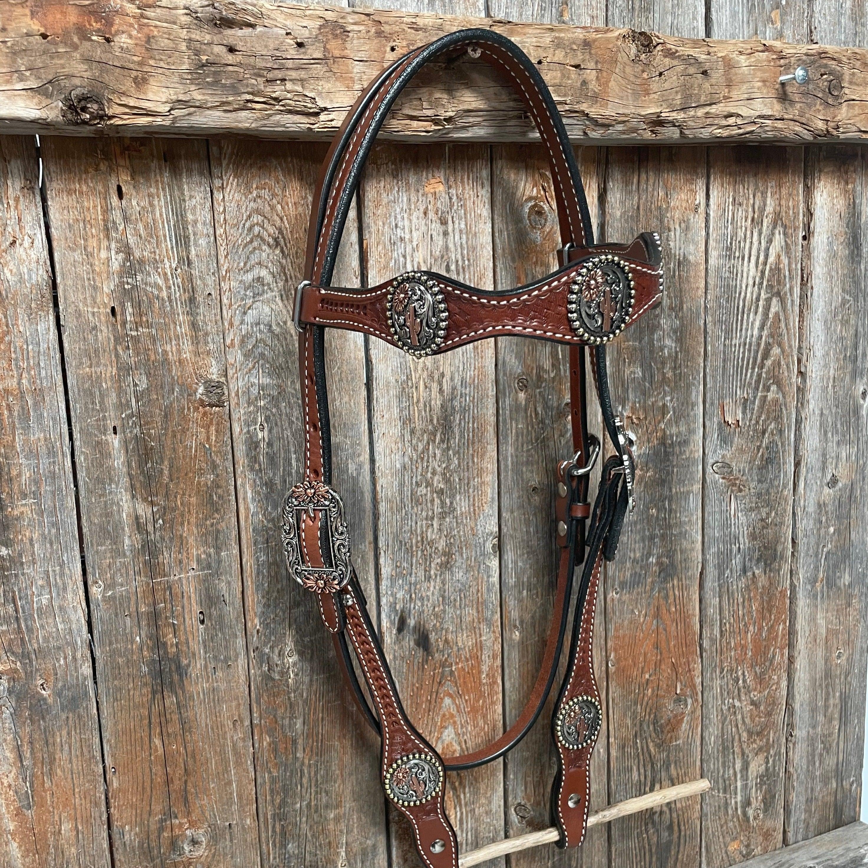 Medium Oil Basketweave Flower and Cactus Browband/One Ear Tack Set #BBBC491 - RODEO DRIVE