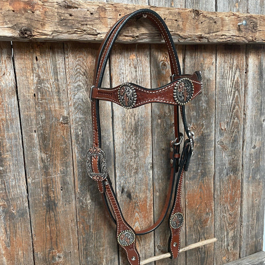 Medium Oil Basketweave Flower and Cactus Browband/One Ear Tack Set #BBBC491 - RODEO DRIVE