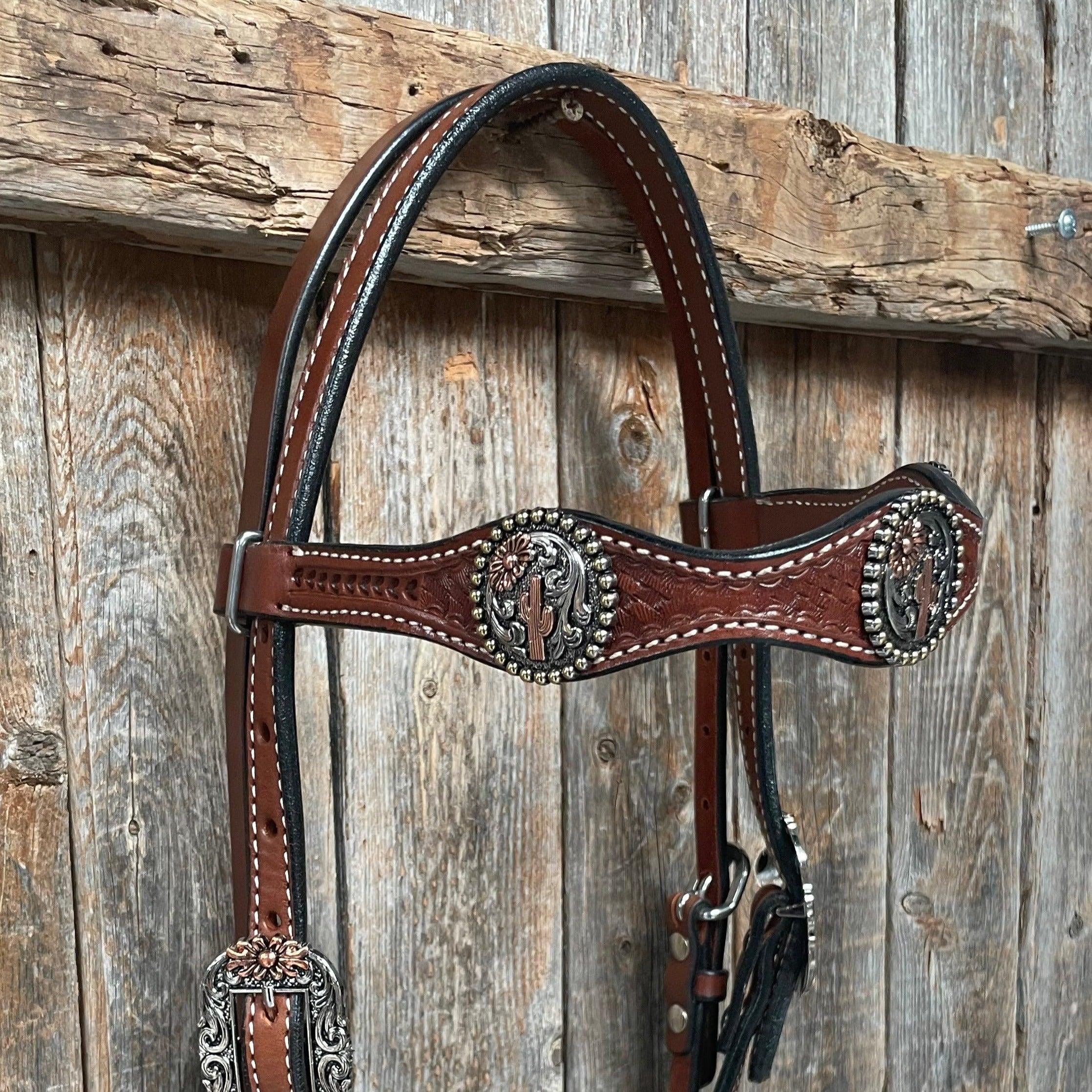 Medium Oil Basketweave Flower and Cactus Browband/One Ear Tack Set #BBBC491 - RODEO DRIVE