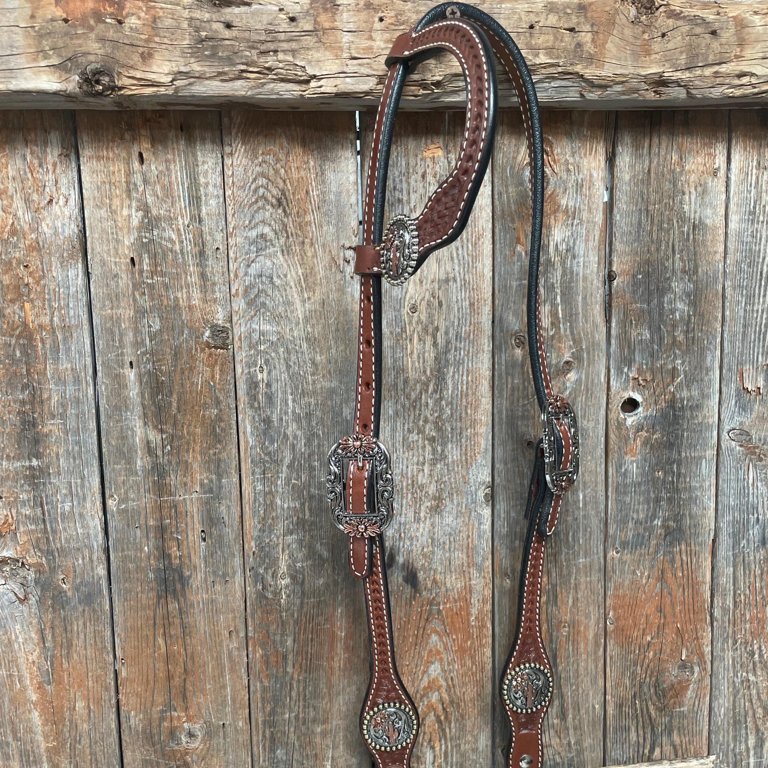 Medium Oil Basketweave Flower and Cactus Browband/One Ear Tack Set #BBBC491 - RODEO DRIVE