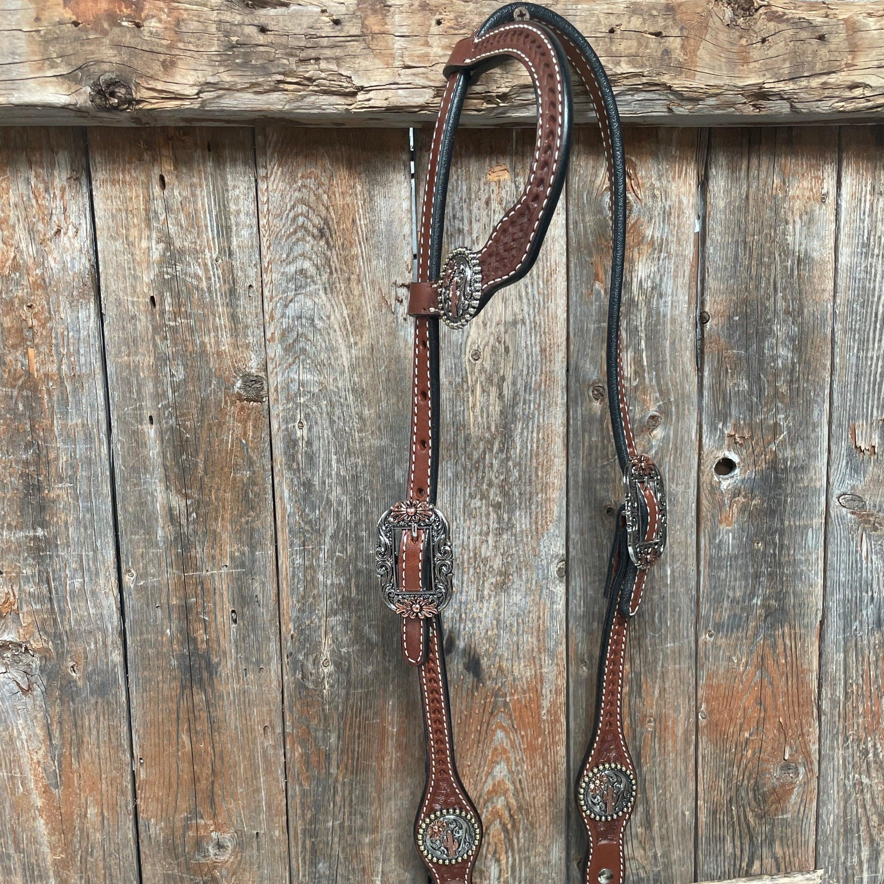 Medium Oil Basketweave Flower and Cactus Browband/One Ear Tack Set #BBBC491 - RODEO DRIVE