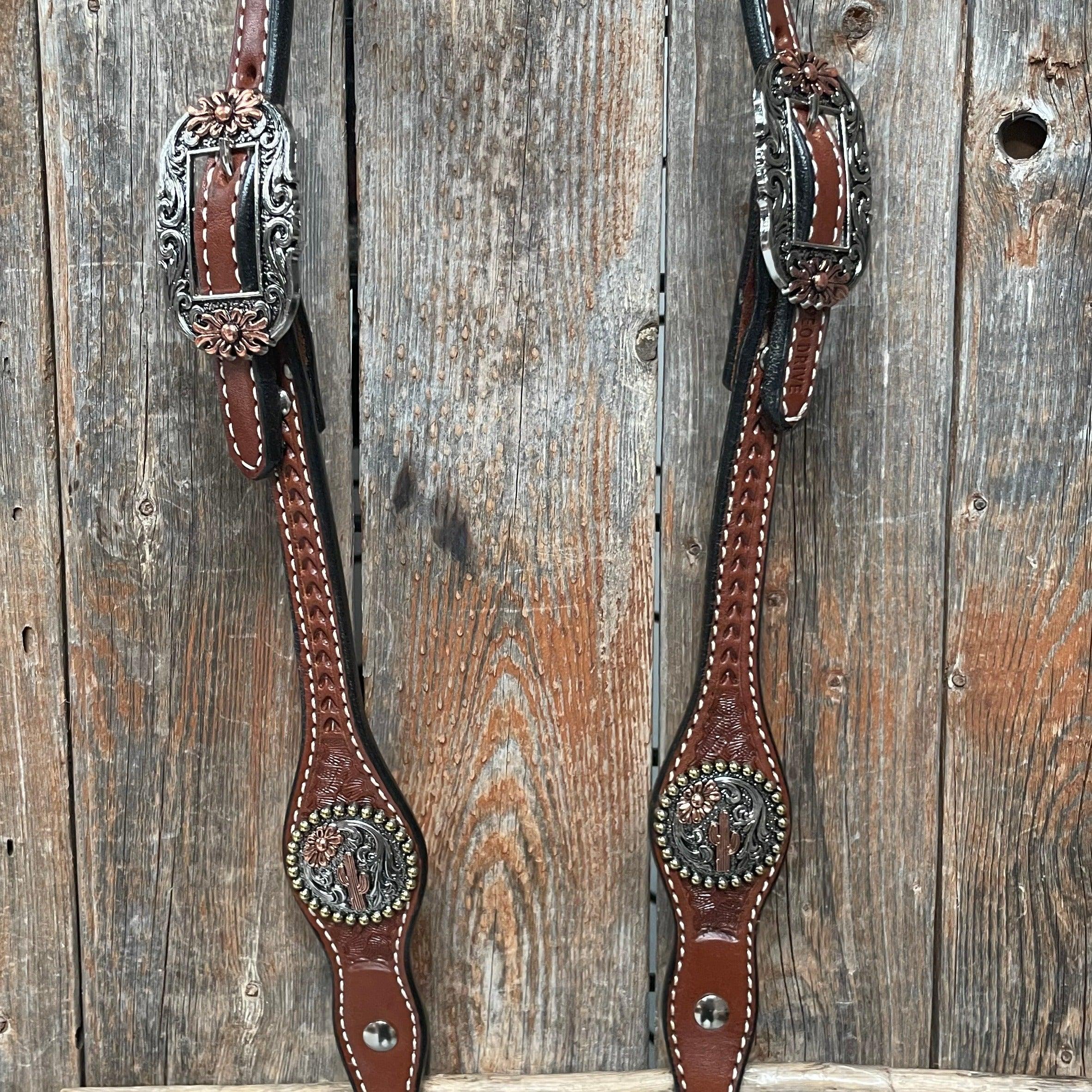 Medium Oil Basketweave Flower and Cactus Browband/One Ear Tack Set #BBBC491 - RODEO DRIVE
