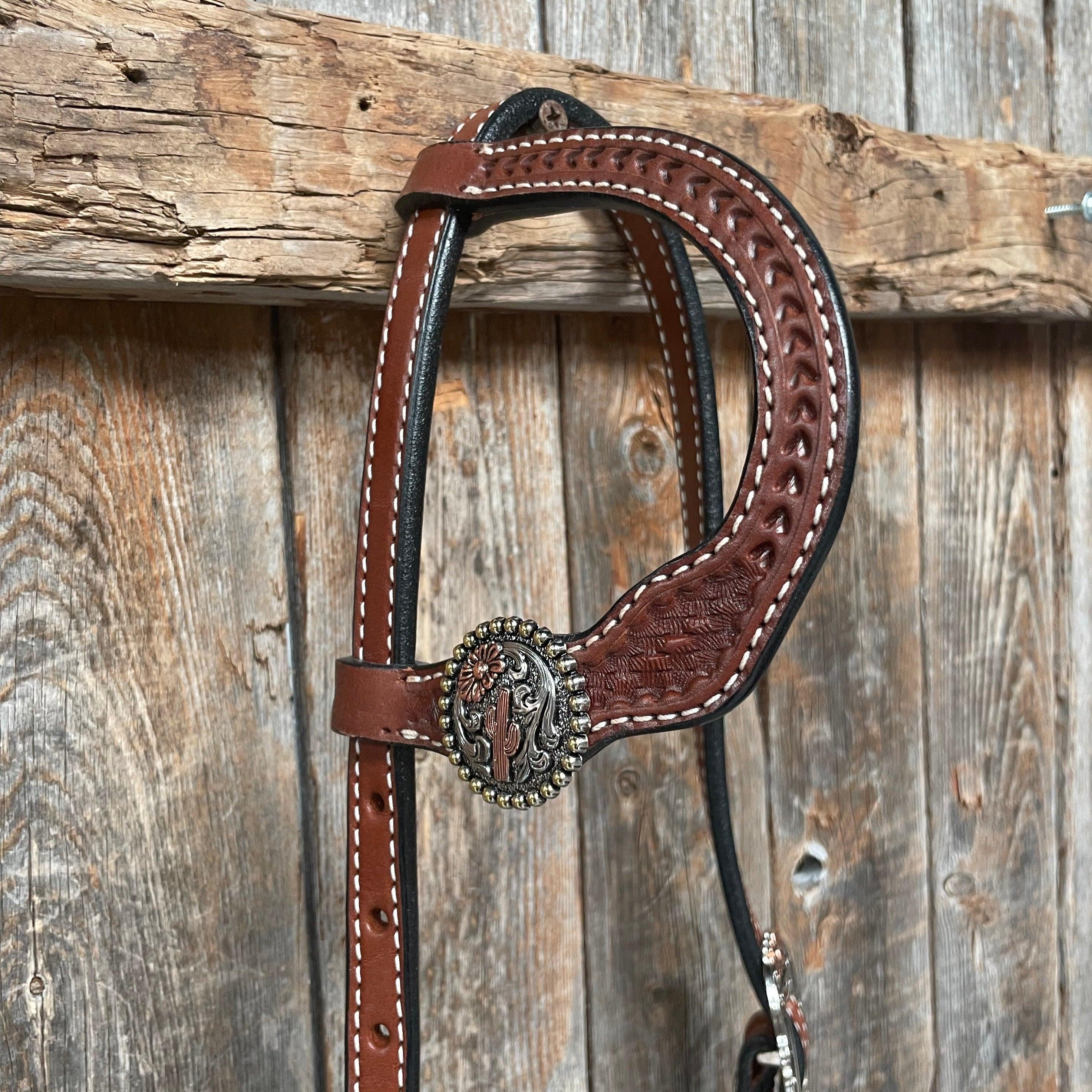 Medium Oil Basketweave Flower and Cactus Browband/One Ear Tack Set #BBBC491 - RODEO DRIVE