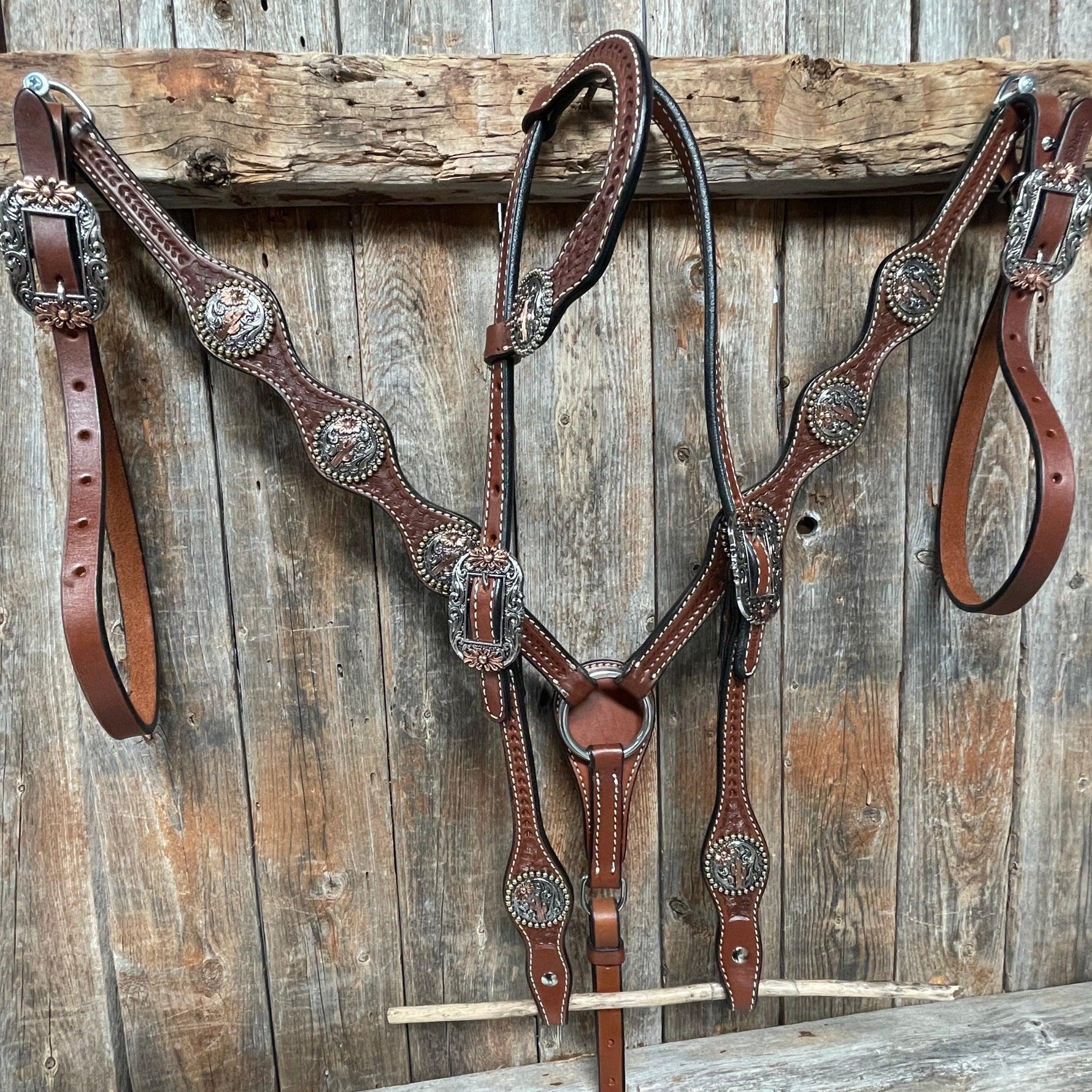 Medium Oil Basketweave Flower and Cactus Browband/One Ear Tack Set #BBBC491 - RODEO DRIVE
