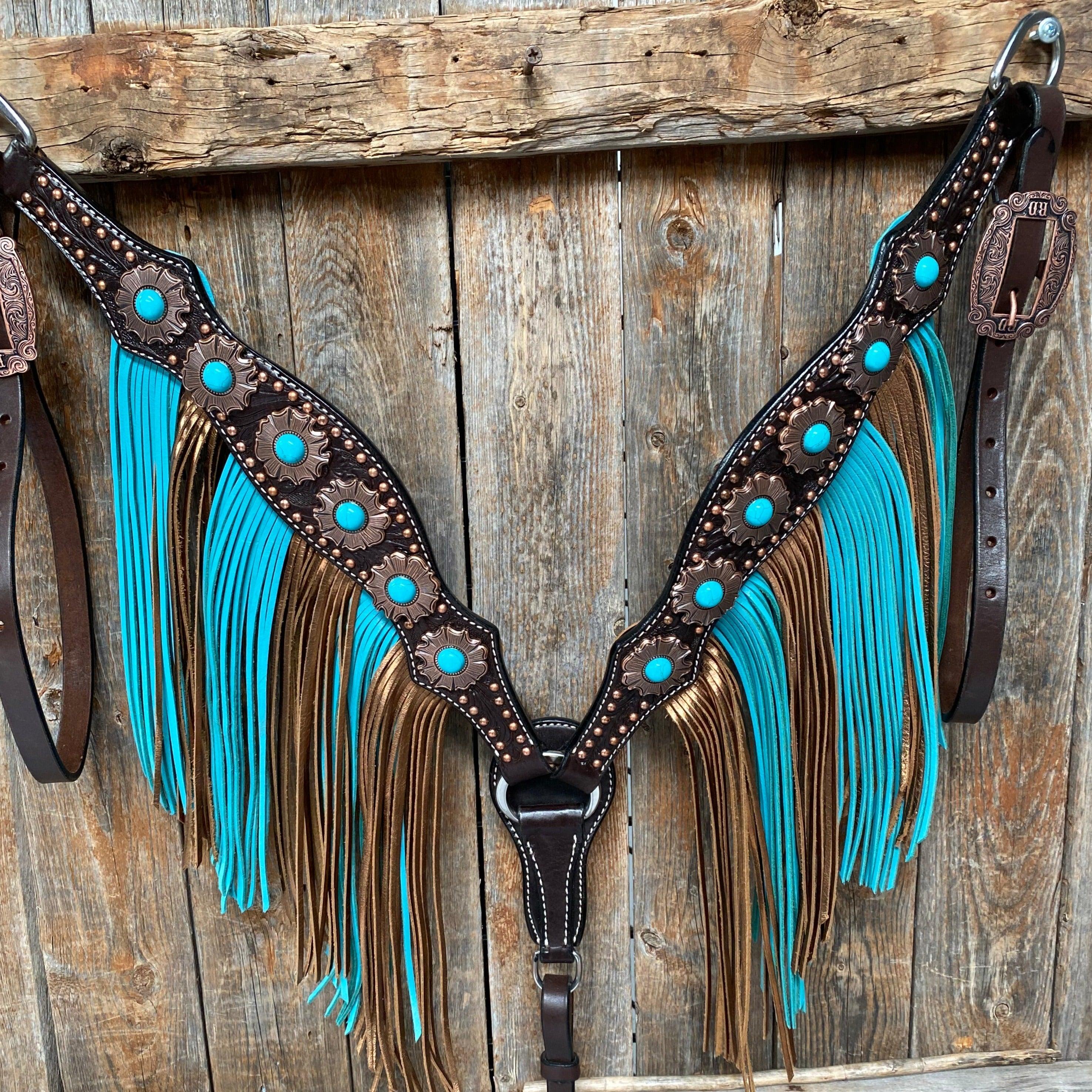 Dark Oil Copper Dot Turquoise Browband/One Ear Tack Set #BBBC498 - RODEO DRIVE