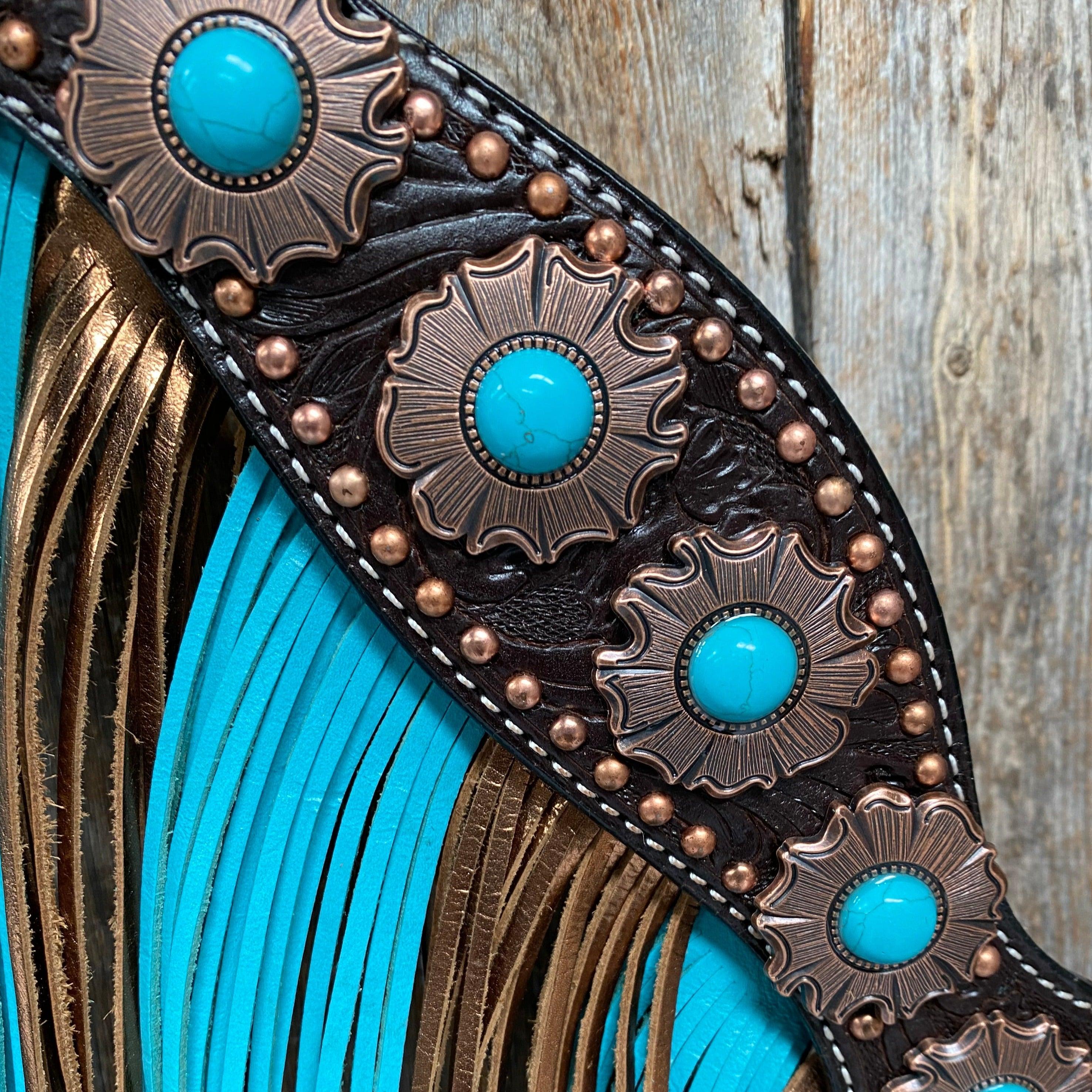 Dark Oil Copper Dot Turquoise Browband/One Ear Tack Set #BBBC498 - RODEO DRIVE