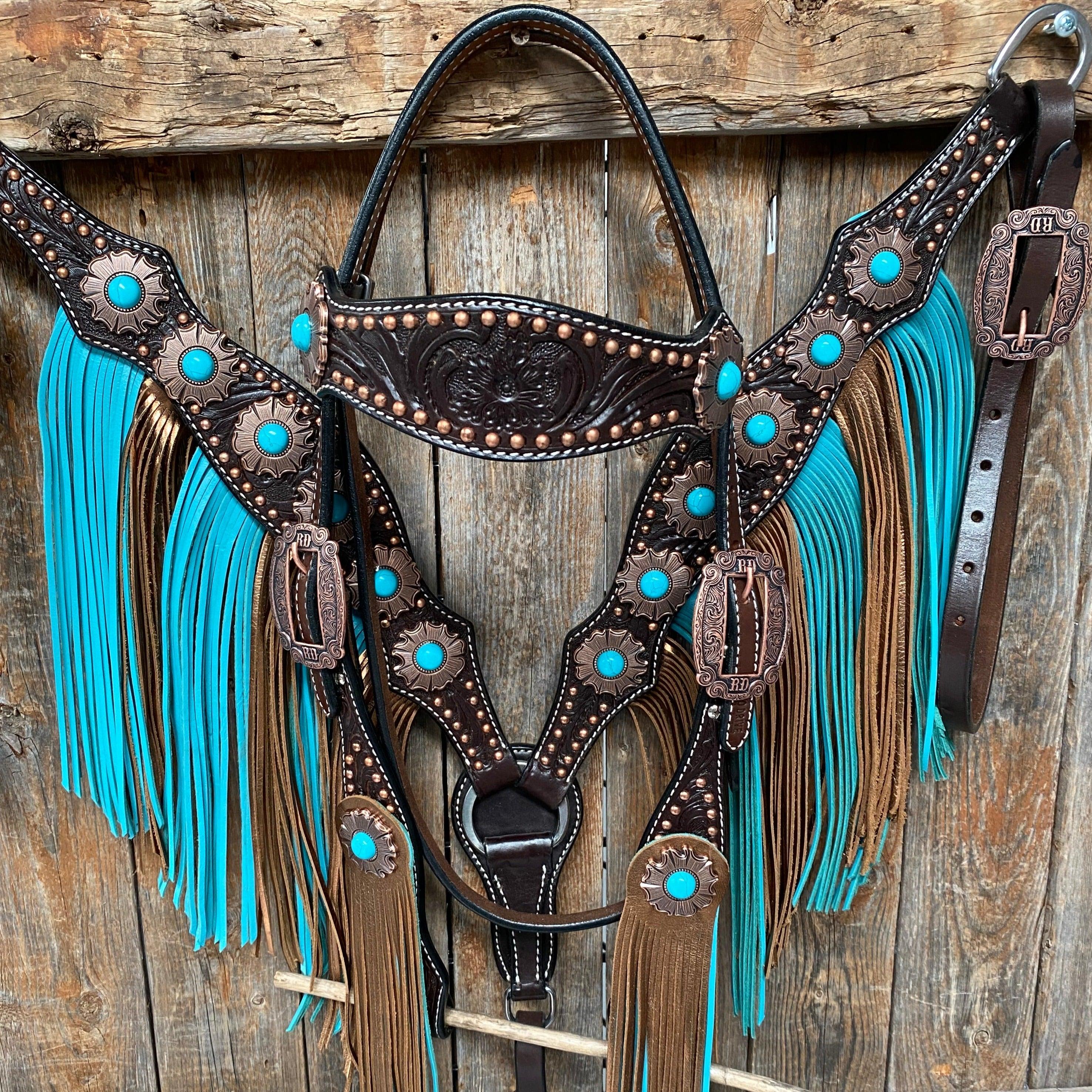 Dark Oil Copper Dot Turquoise Browband/One Ear Tack Set #BBBC498 - RODEO DRIVE