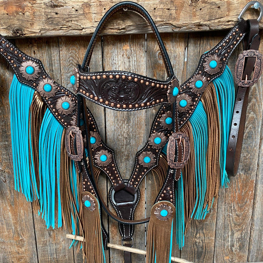 Dark Oil Copper Dot Turquoise Browband/One Ear Tack Set #BBBC498 - RODEO DRIVE