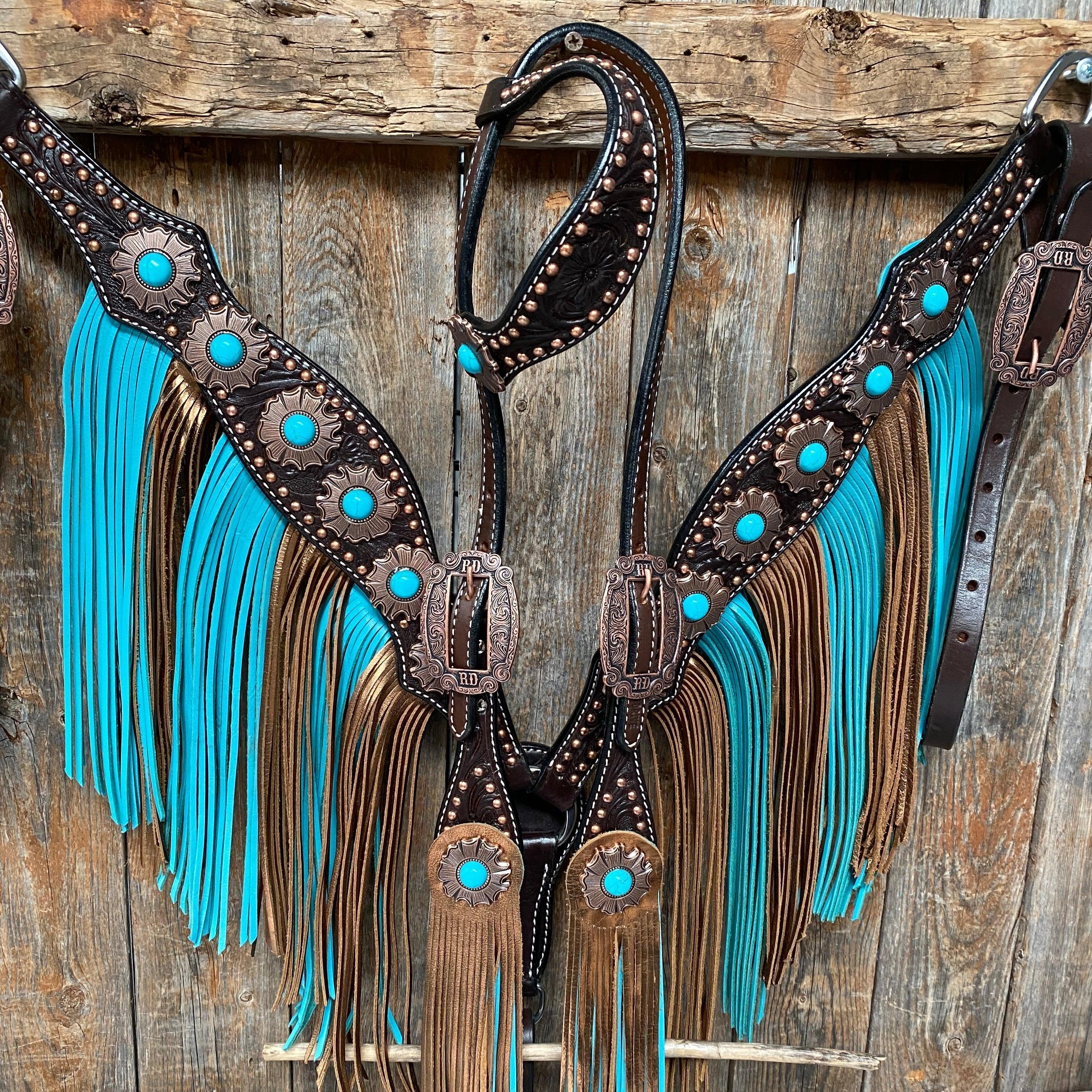 Dark Oil Copper Dot Turquoise Browband/One Ear Tack Set #BBBC498 - RODEO DRIVE