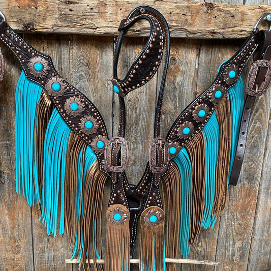 Dark Oil Copper Dot Turquoise Browband/One Ear Tack Set #BBBC498 - RODEO DRIVE