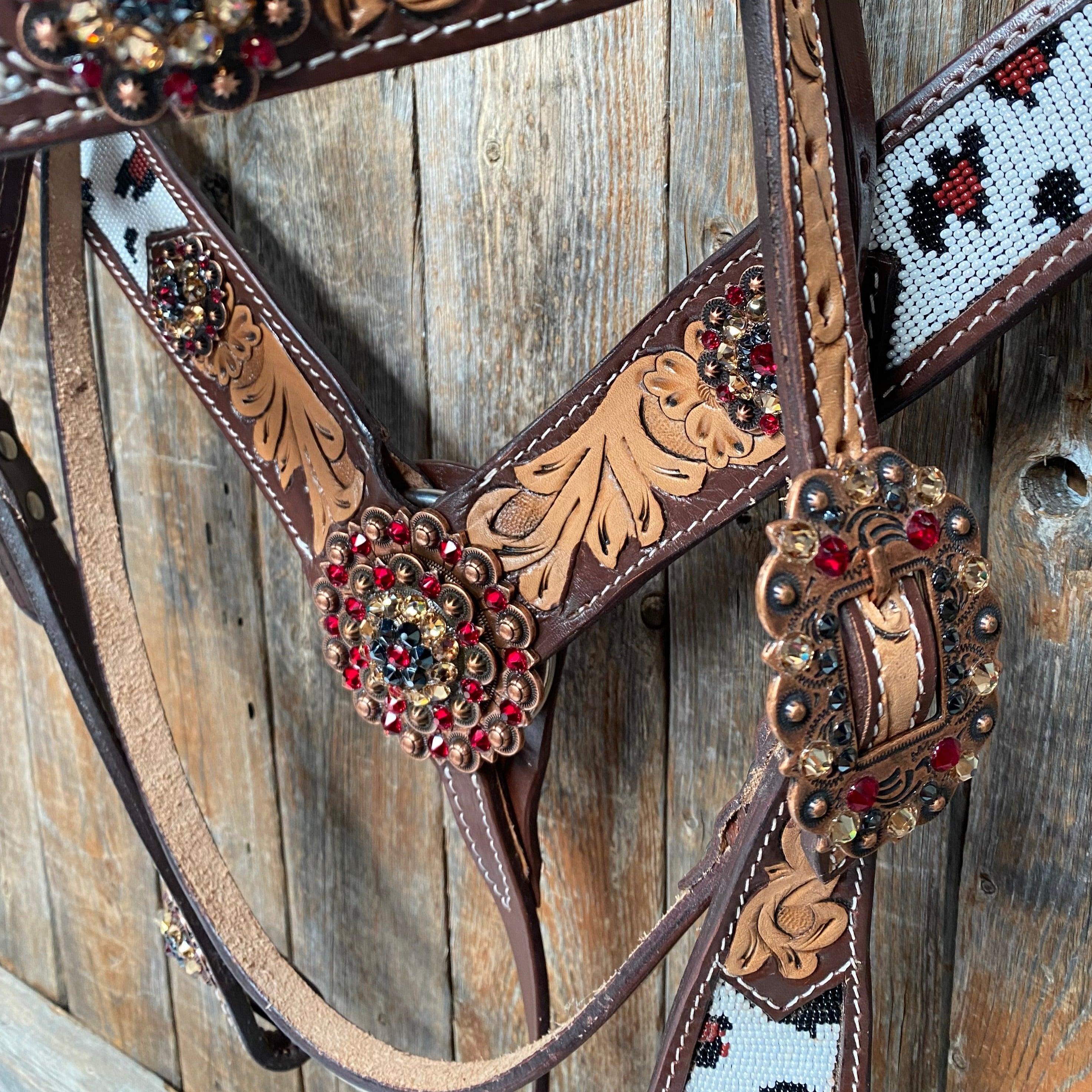 Leopard Print Beaded Ruby/Jet/Champagne Headstall & Breastcollar #BBBC504 - RODEO DRIVE
