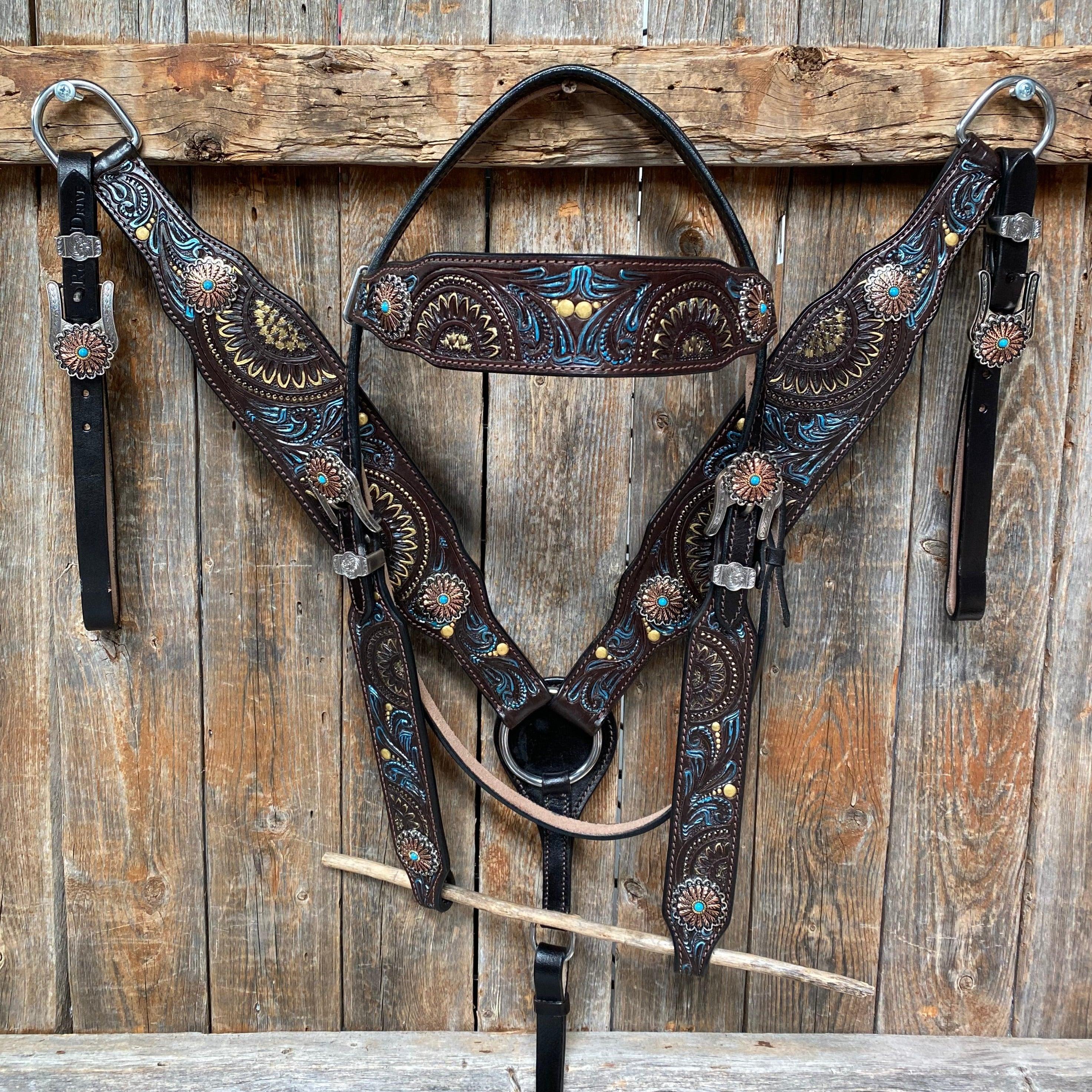 Dark Oil Blue and Gold Browband & Breastcollar Tack Set #BBBC505 - RODEO DRIVE