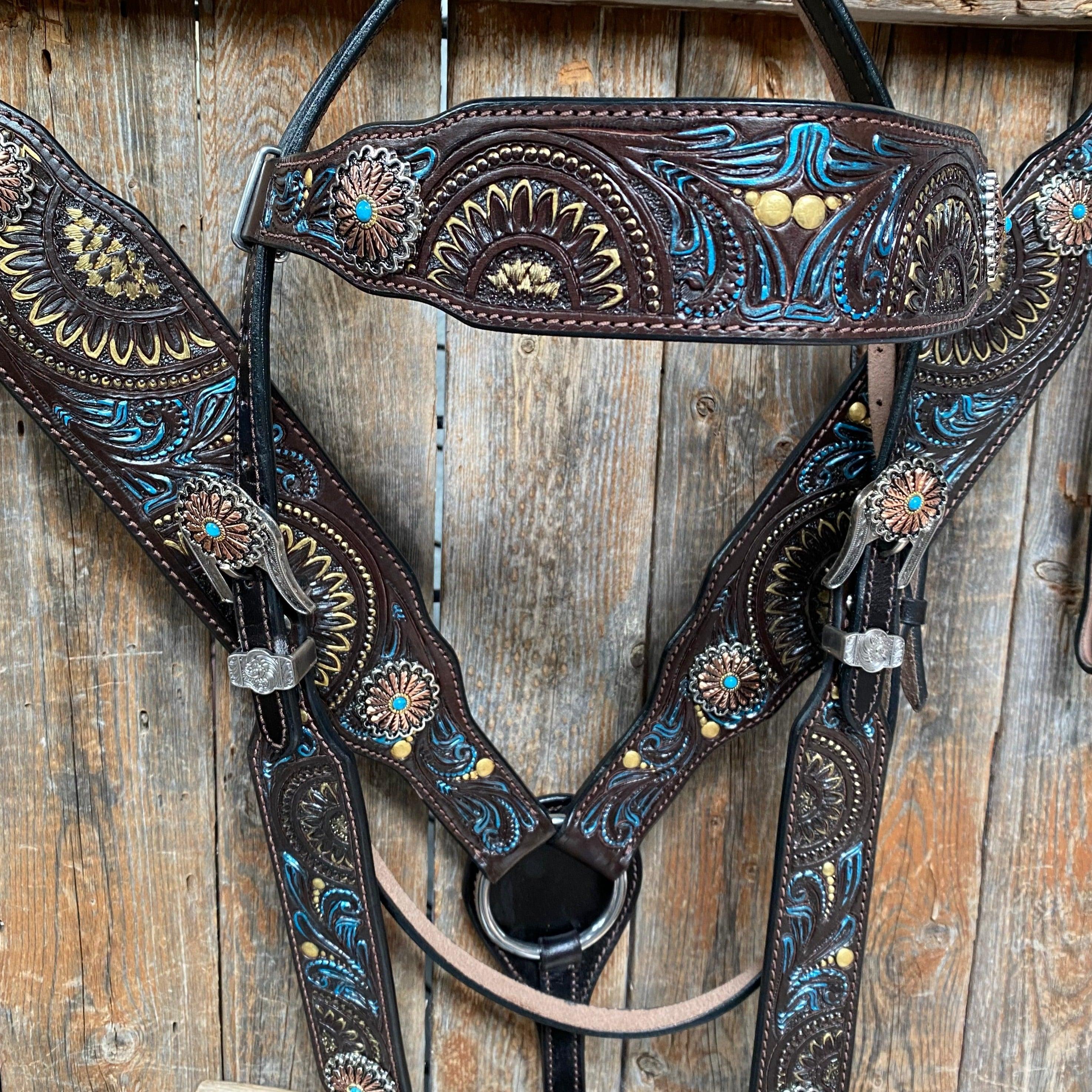 Dark Oil Blue and Gold Browband & Breastcollar Tack Set #BBBC505 - RODEO DRIVE
