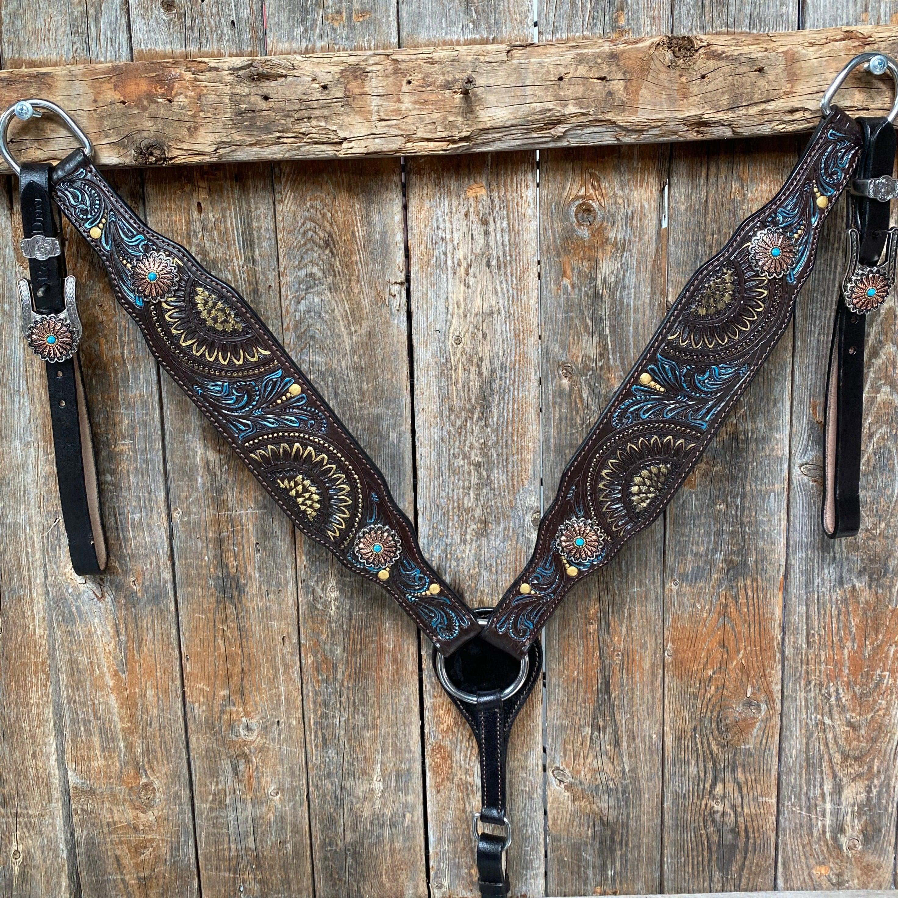Dark Oil Blue and Gold Browband & Breastcollar Tack Set #BBBC505 - RODEO DRIVE