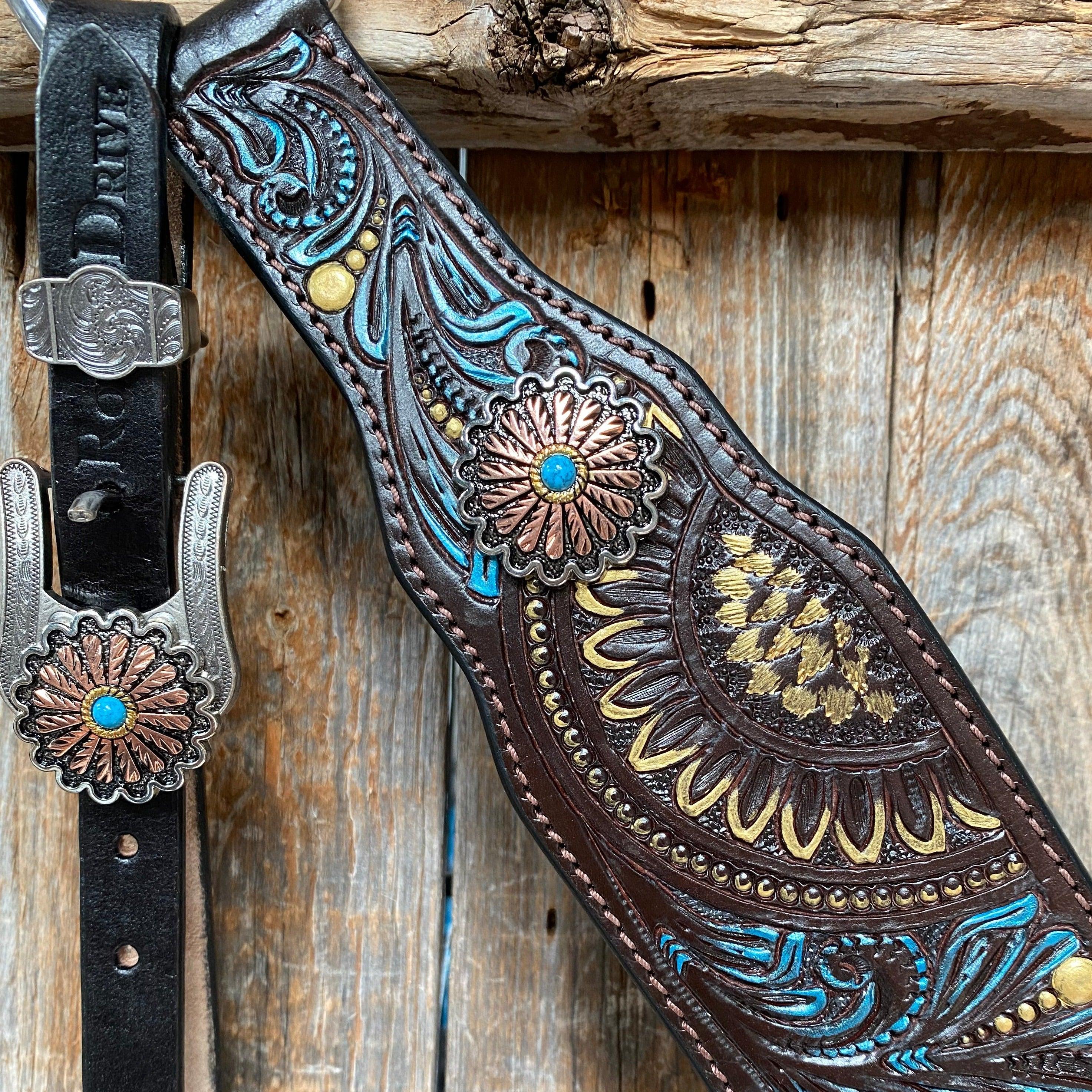 Dark Oil Blue and Gold Browband & Breastcollar Tack Set #BBBC505 - RODEO DRIVE