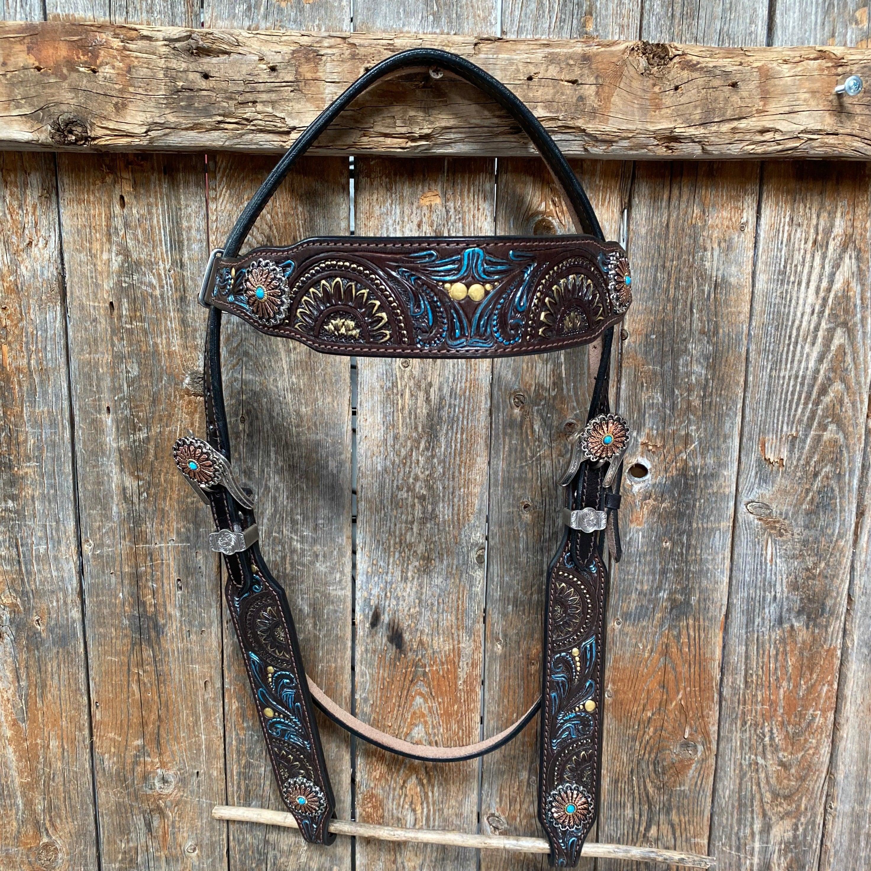 Dark Oil Blue and Gold Browband & Breastcollar Tack Set #BBBC505 - RODEO DRIVE