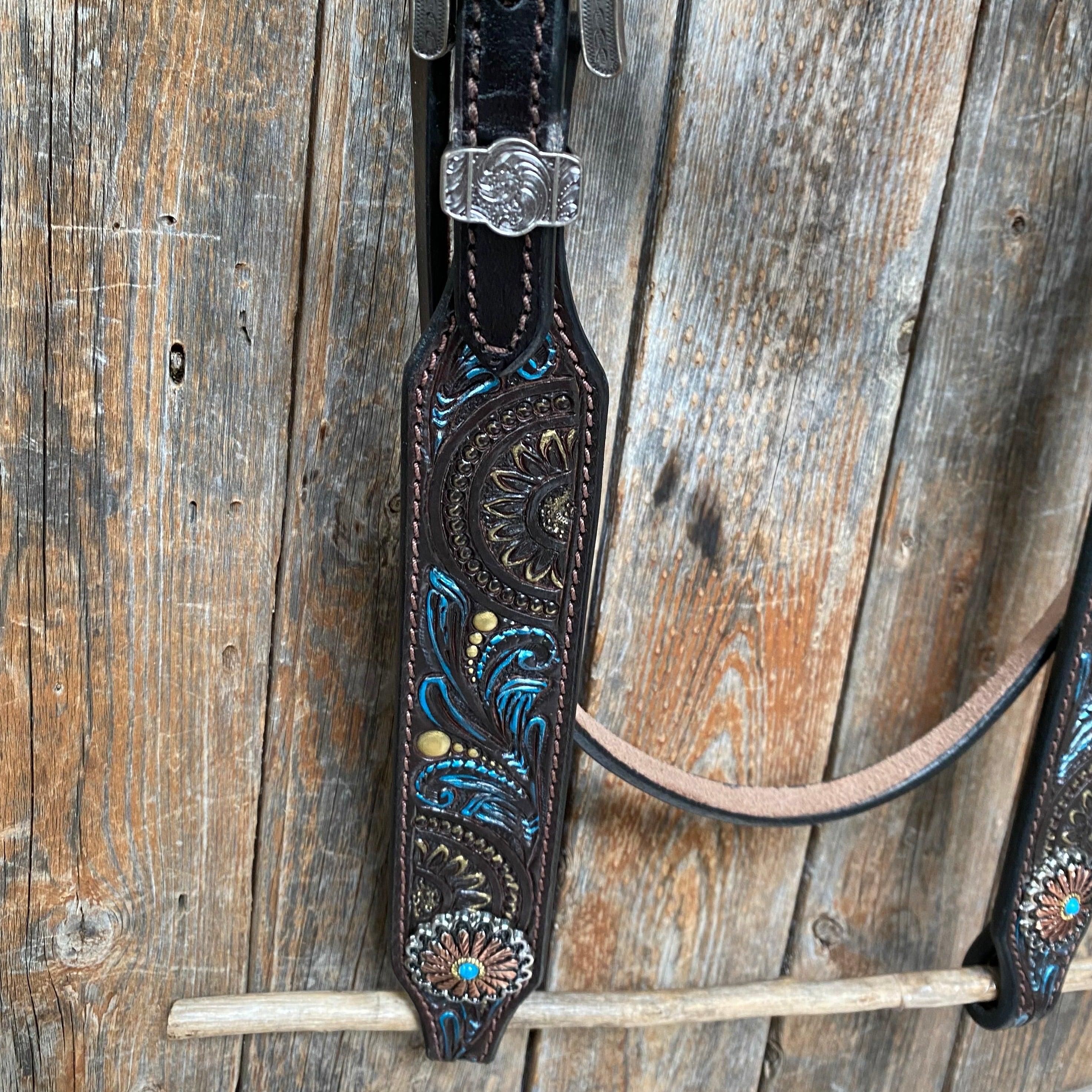 Dark Oil Blue and Gold Browband & Breastcollar Tack Set #BBBC505 - RODEO DRIVE