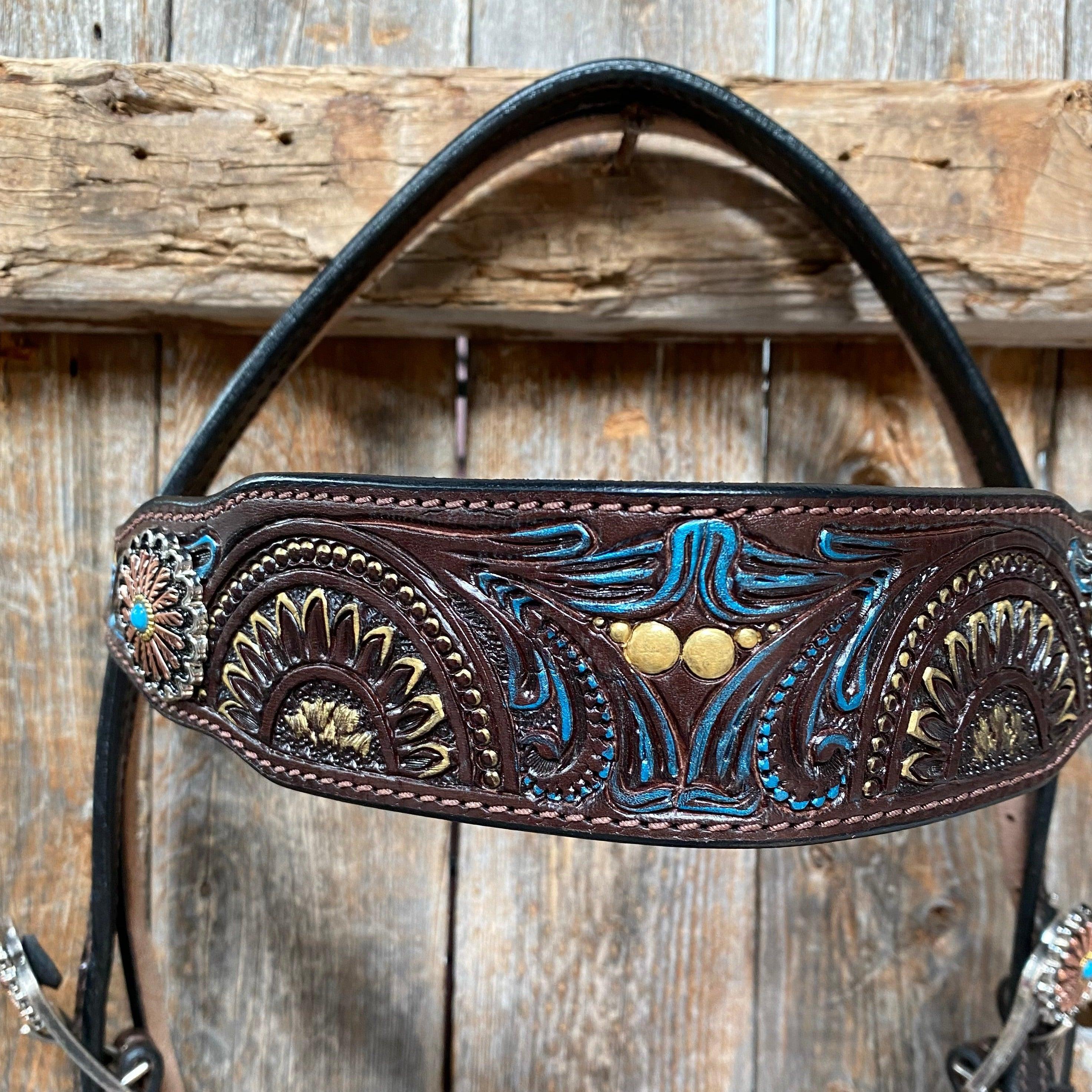 Dark Oil Blue and Gold Browband & Breastcollar Tack Set #BBBC505 - RODEO DRIVE
