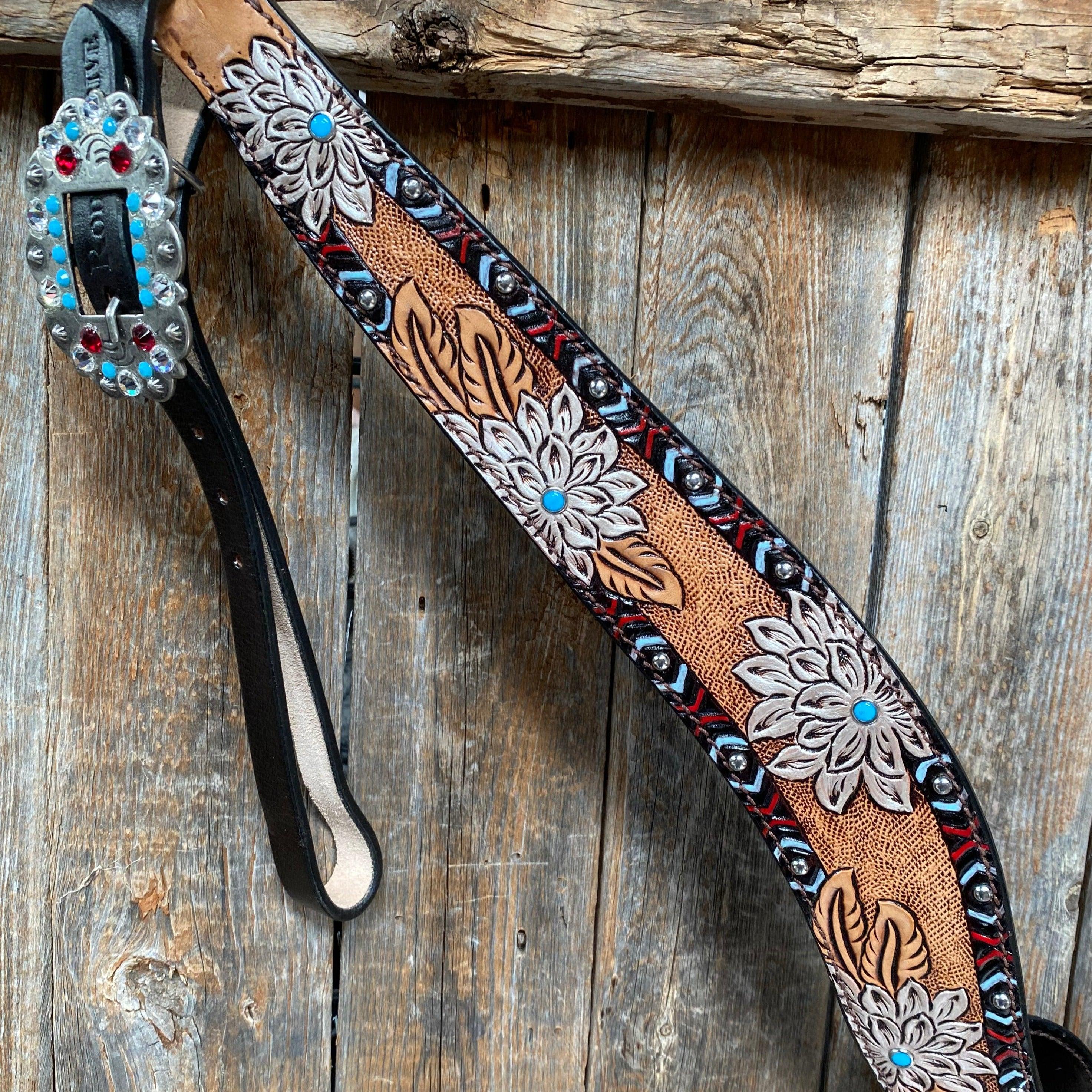 Two Toned Hand Painted Flower Turquoise/Ruby Browband/One Ear Tack Set #BBBC506 - RODEO DRIVE