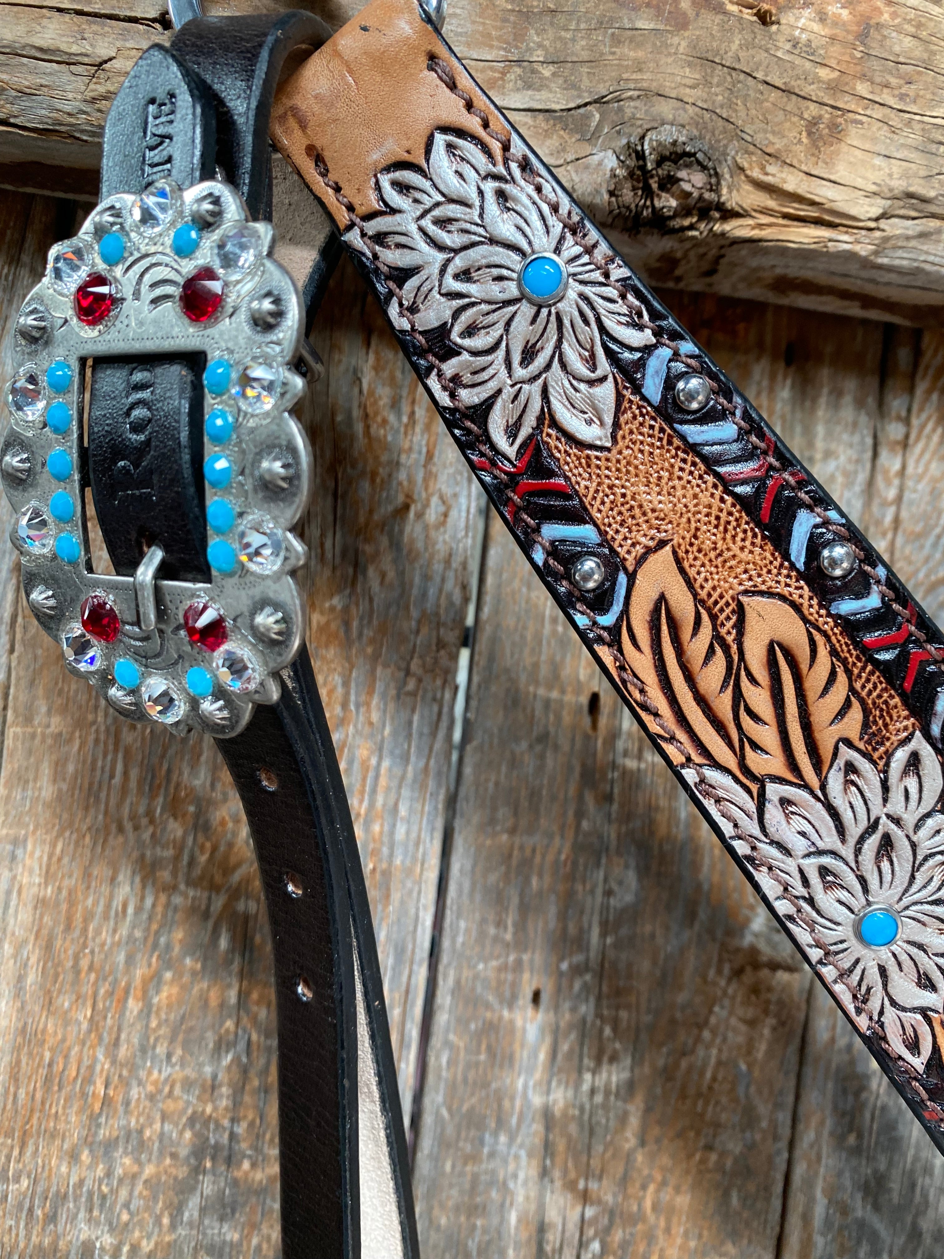 Two Toned Hand Painted Flower Turquoise/Ruby Browband/One Ear Tack Set #BBBC506 - RODEO DRIVE