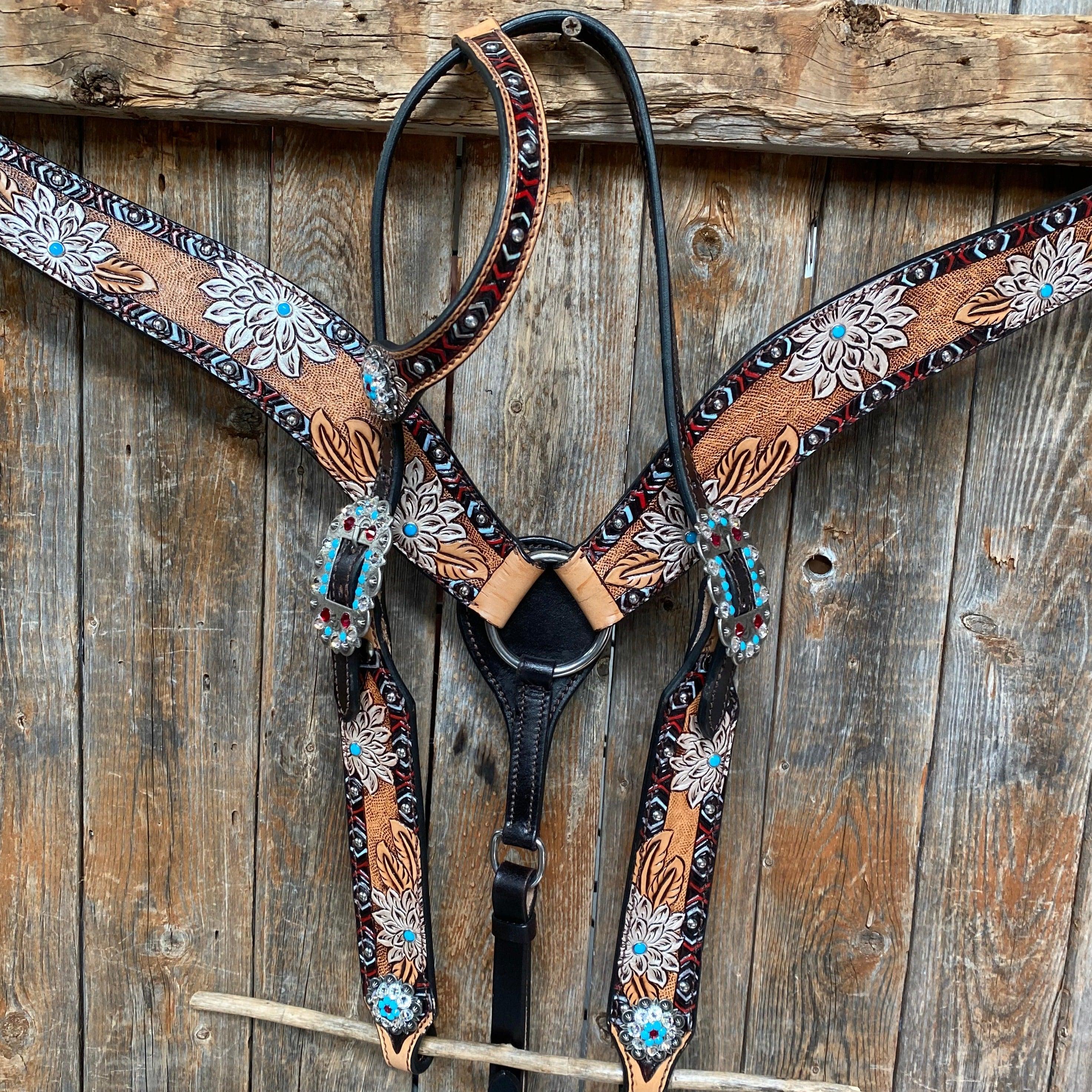 Two Toned Hand Painted Flower Turquoise/Ruby Browband/One Ear Tack Set #BBBC506 - RODEO DRIVE