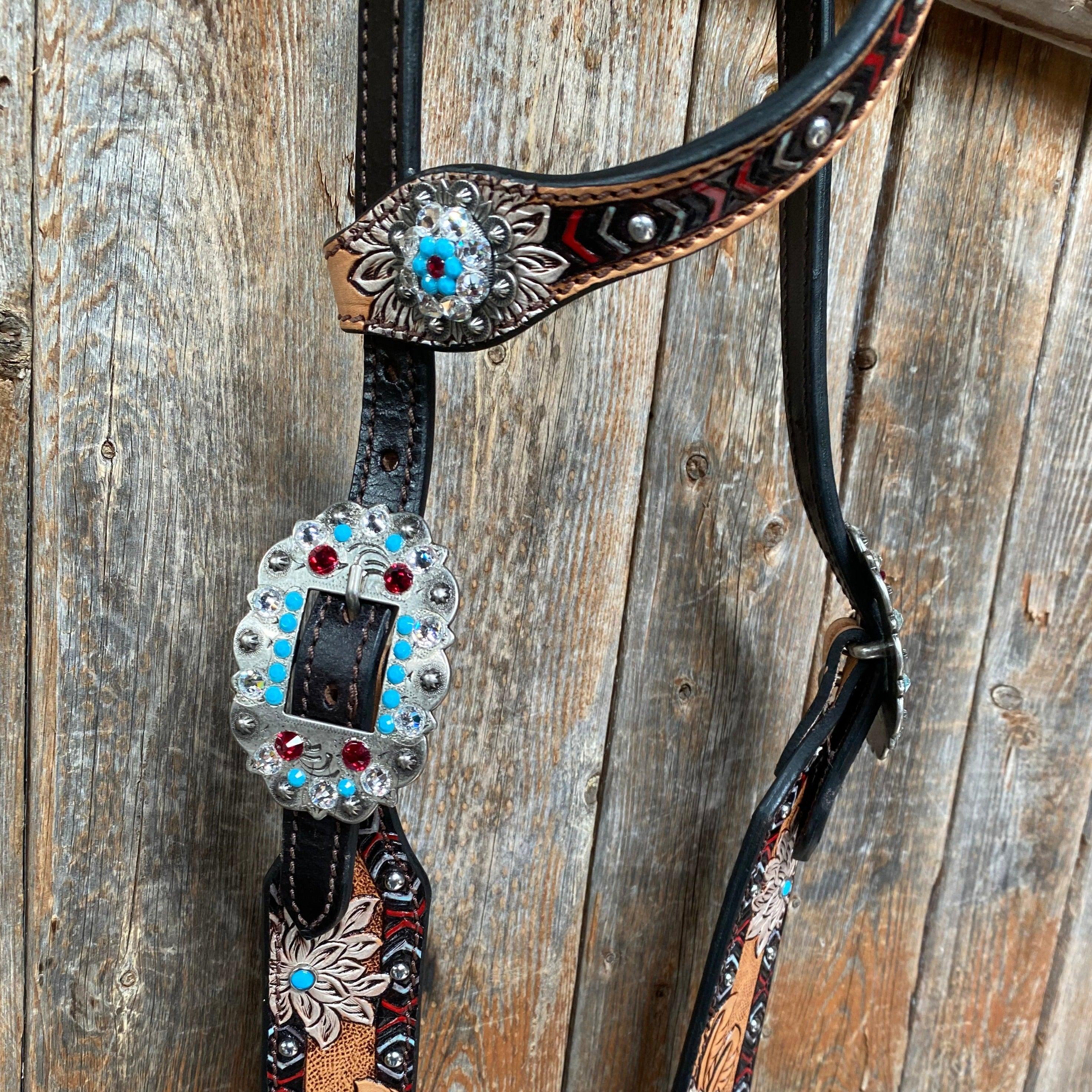 Two Toned Hand Painted Flower Turquoise/Ruby Browband/One Ear Tack Set #BBBC506 - RODEO DRIVE