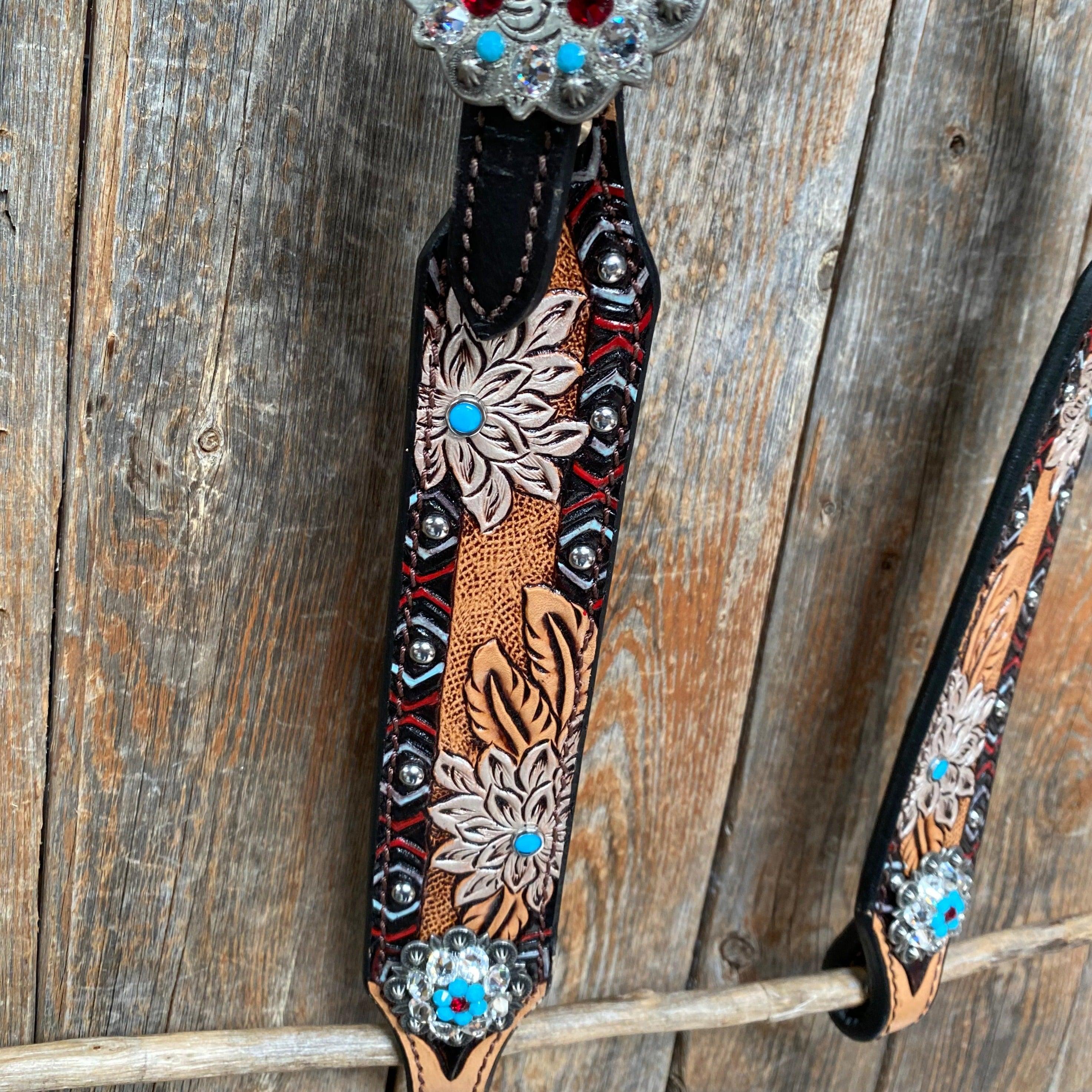 Two Toned Hand Painted Flower Turquoise/Ruby Browband/One Ear Tack Set #BBBC506 - RODEO DRIVE
