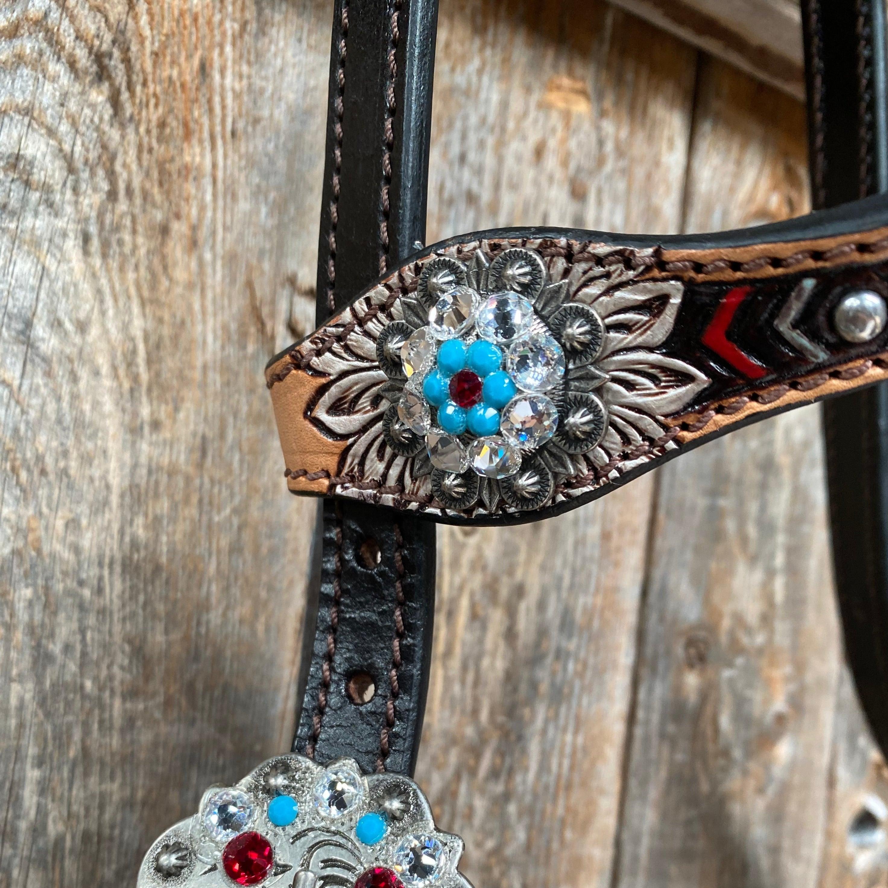 Two Toned Hand Painted Flower Turquoise/Ruby Browband/One Ear Tack Set #BBBC506 - RODEO DRIVE