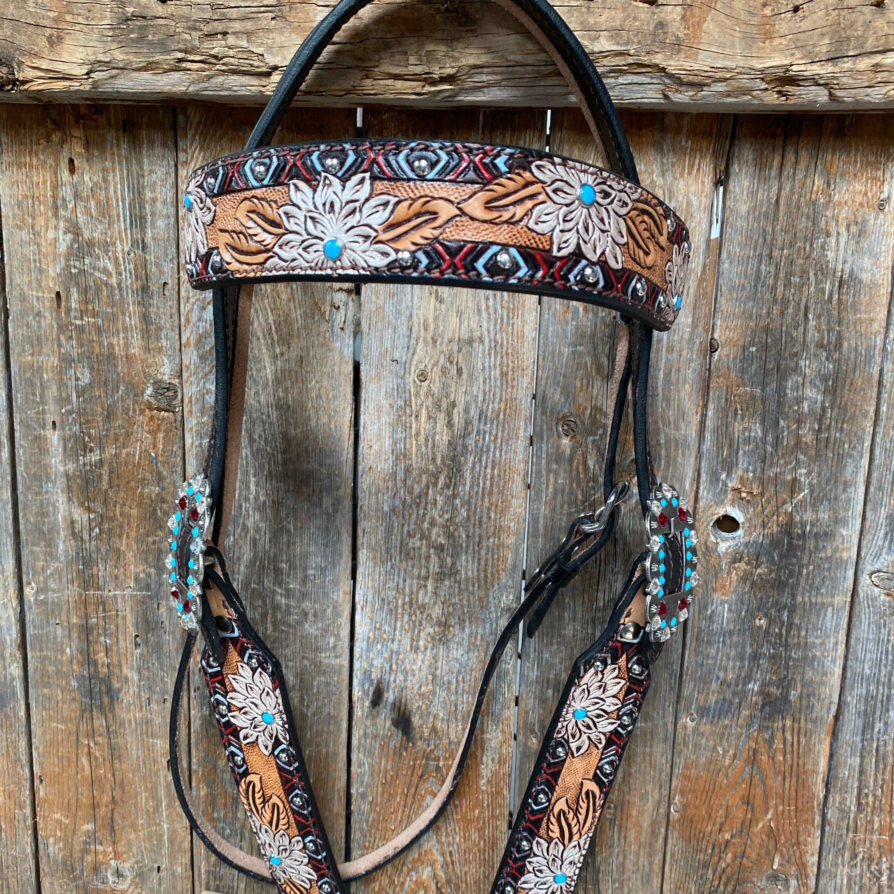 Two Toned Hand Painted Flower Turquoise/Ruby Browband/One Ear Tack Set #BBBC506 - RODEO DRIVE