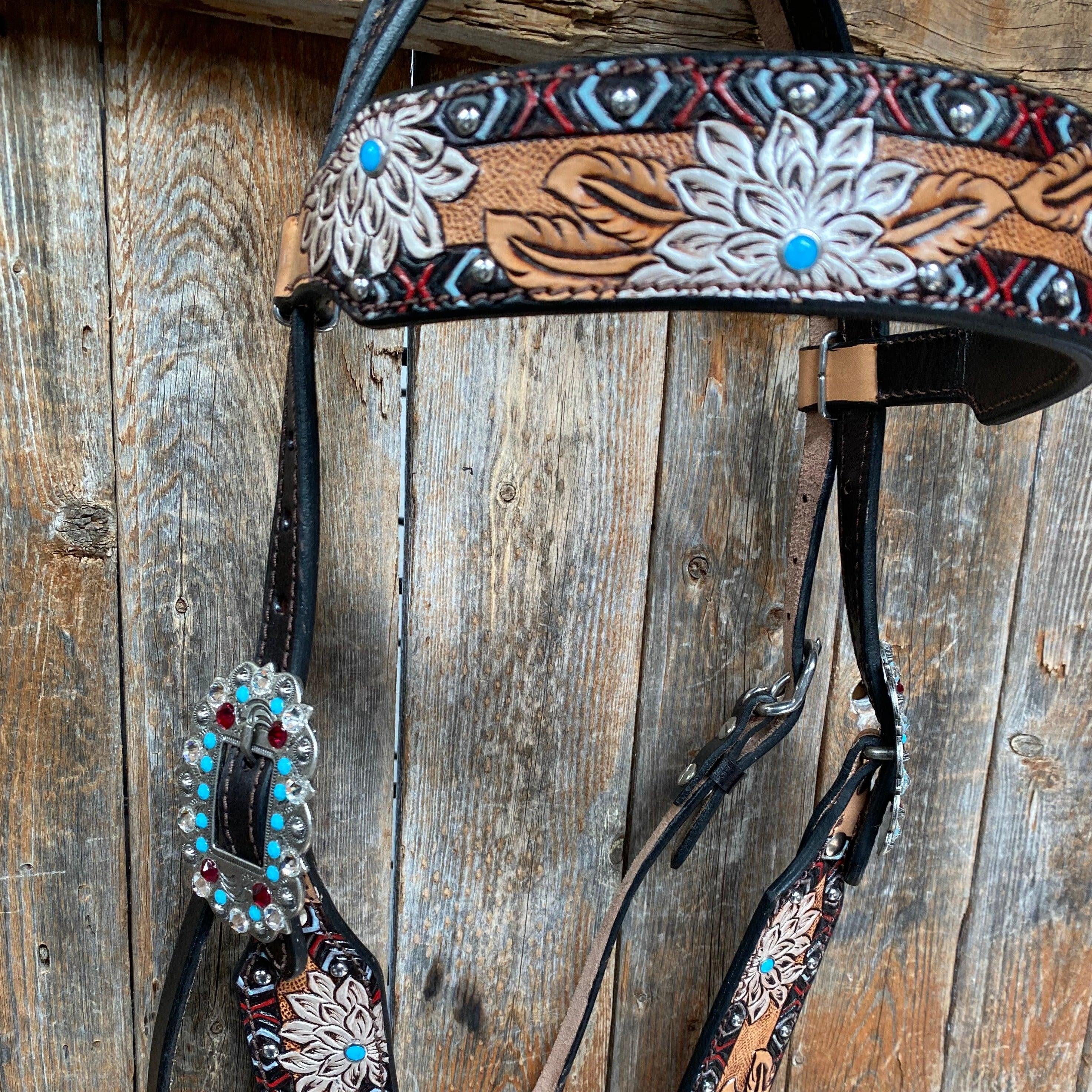 Two Toned Hand Painted Flower Turquoise/Ruby Browband/One Ear Tack Set #BBBC506 - RODEO DRIVE