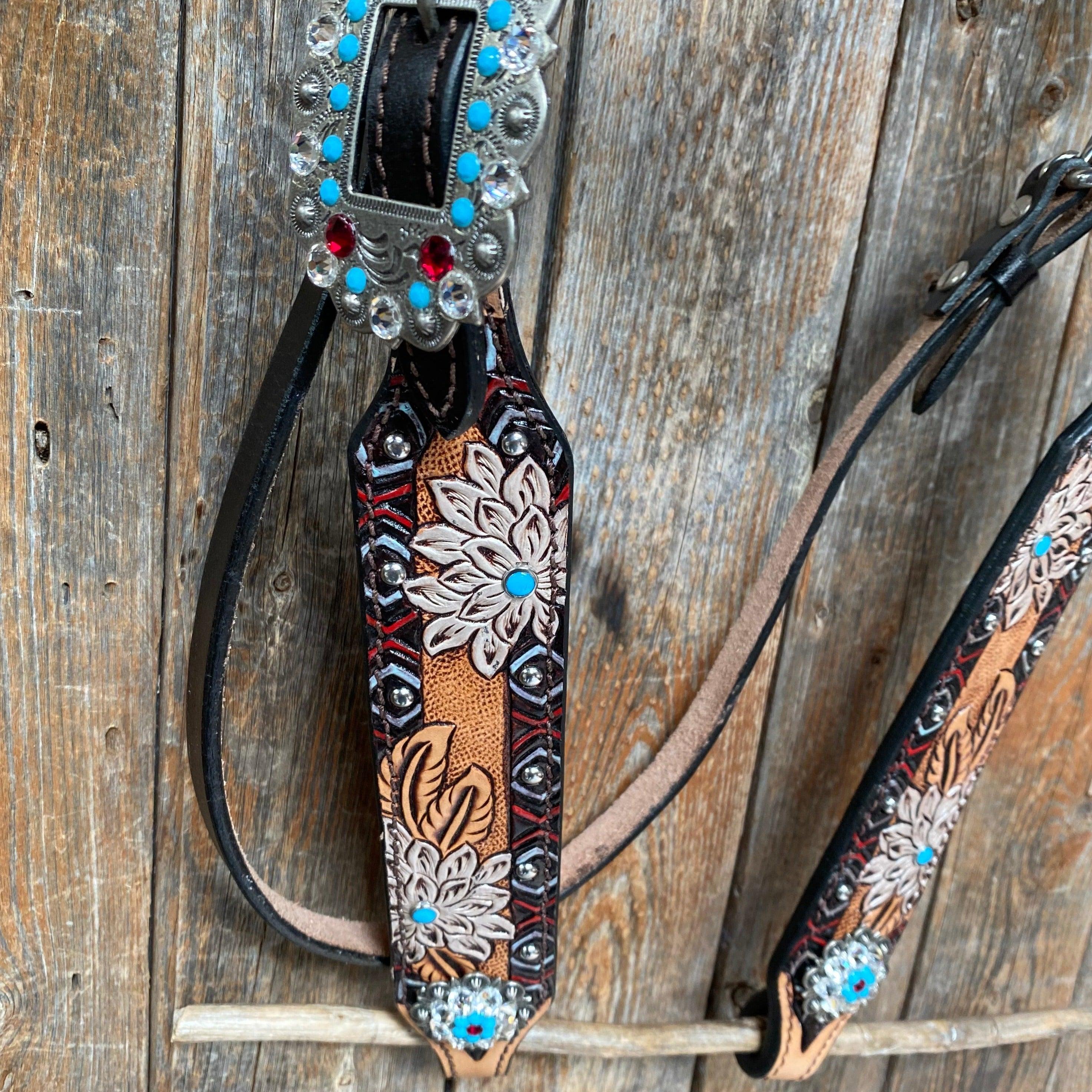 Two Toned Hand Painted Flower Turquoise/Ruby Browband/One Ear Tack Set #BBBC506 - RODEO DRIVE