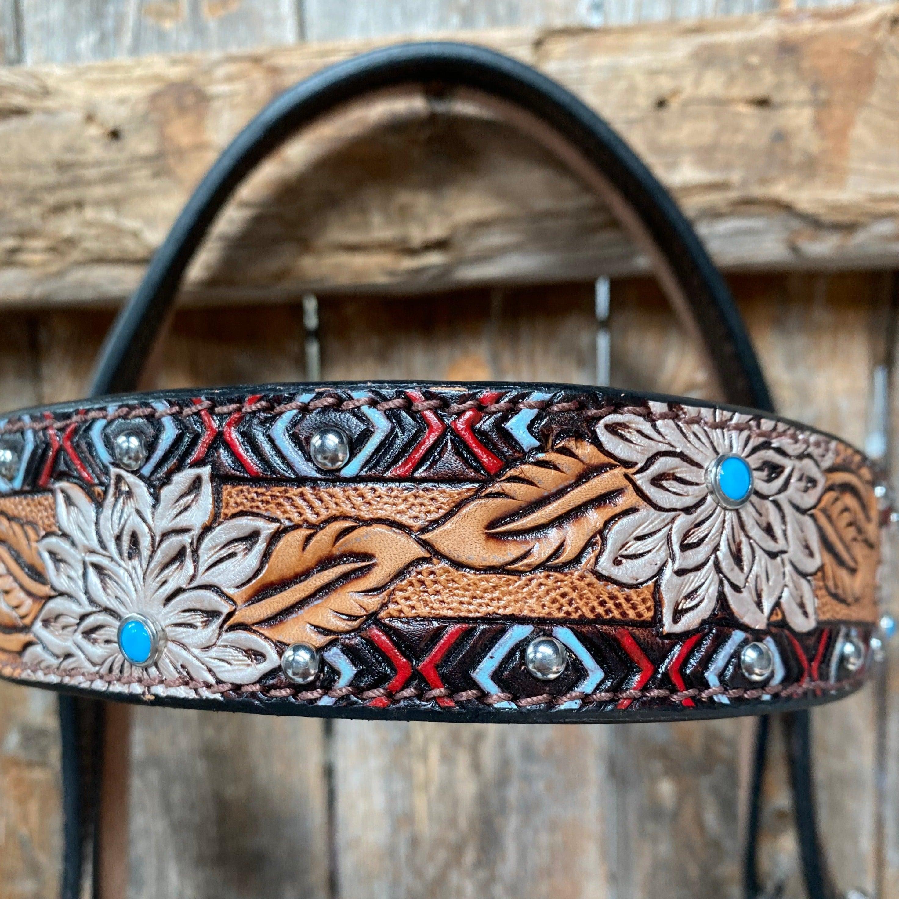 Two Toned Hand Painted Flower Turquoise/Ruby Browband/One Ear Tack Set #BBBC506 - RODEO DRIVE