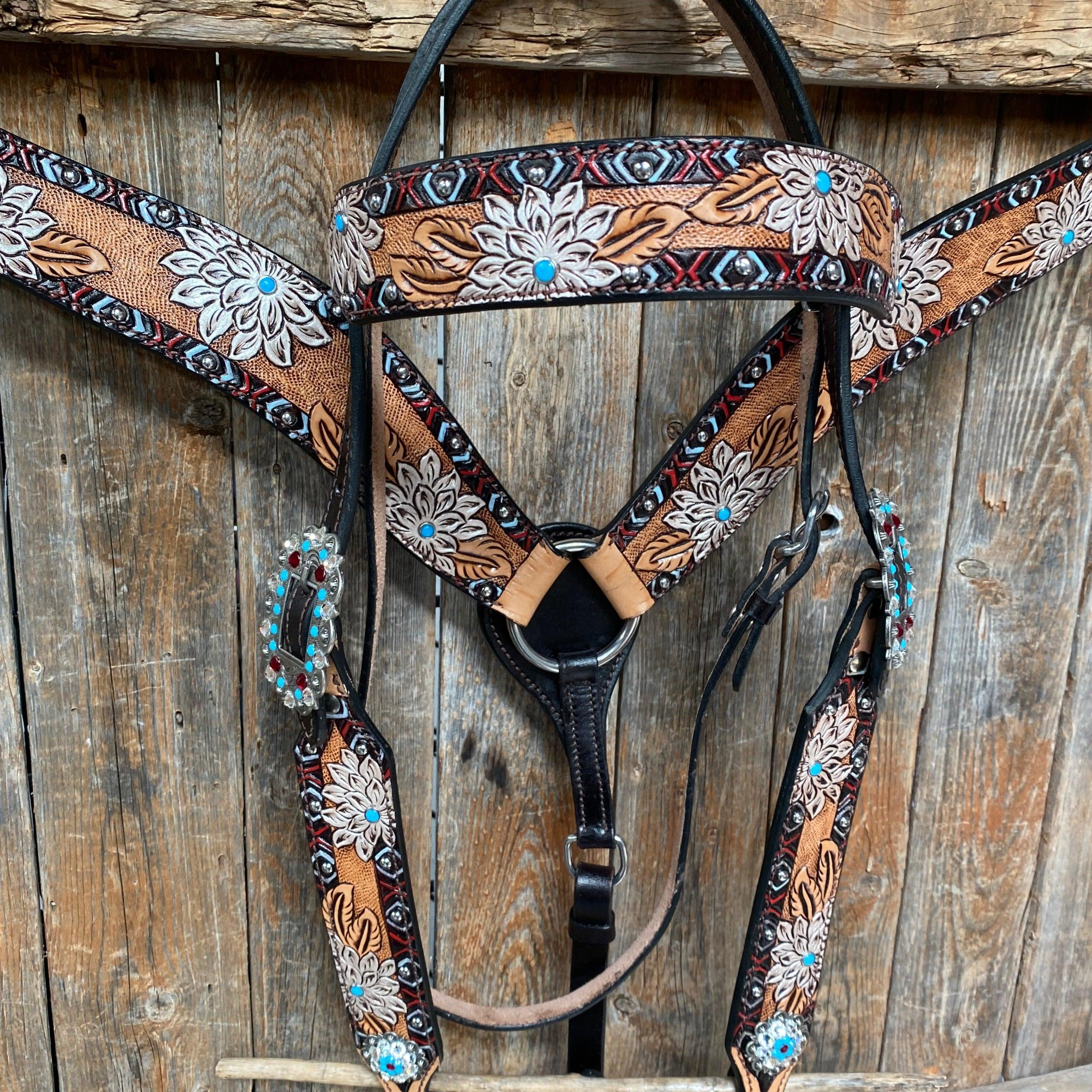 Two Toned Hand Painted Flower Turquoise/Ruby Browband/One Ear Tack Set #BBBC506 - RODEO DRIVE