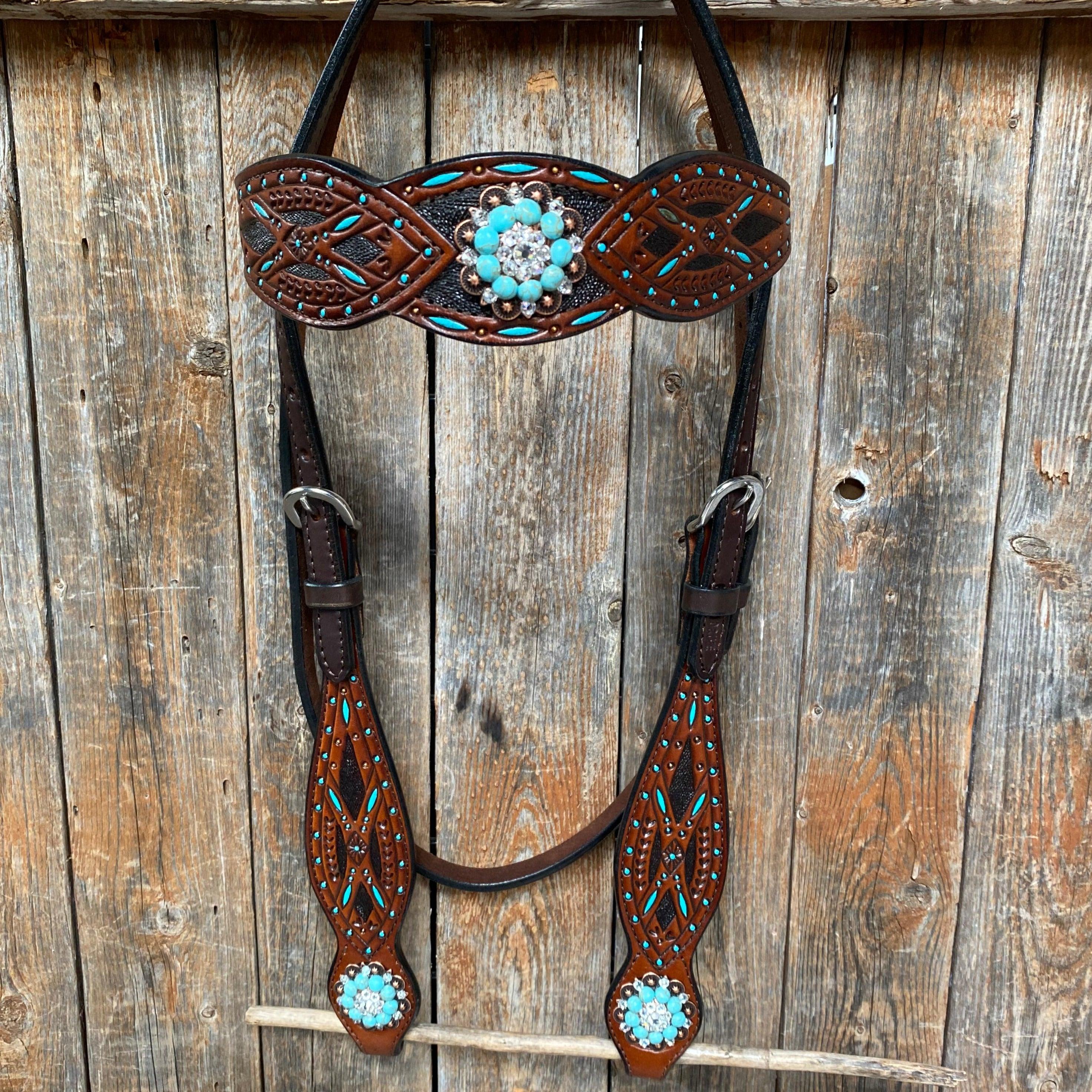 Hand Painted Two Tone Clear/Turquoise Browband / One Ear / Breastcollar #BBBC507 - RODEO DRIVE