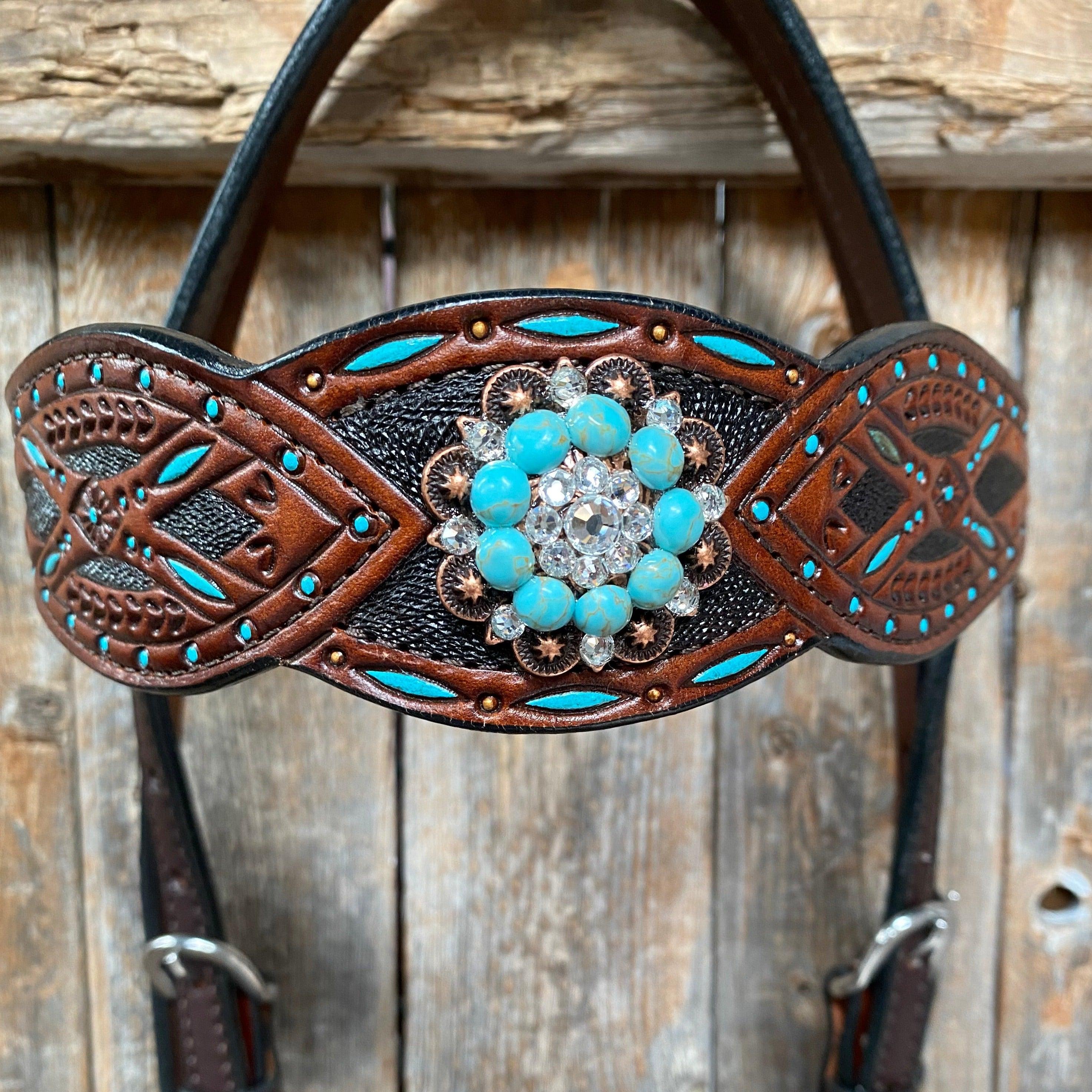Hand Painted Two Tone Clear/Turquoise Browband / One Ear / Breastcollar #BBBC507 - RODEO DRIVE