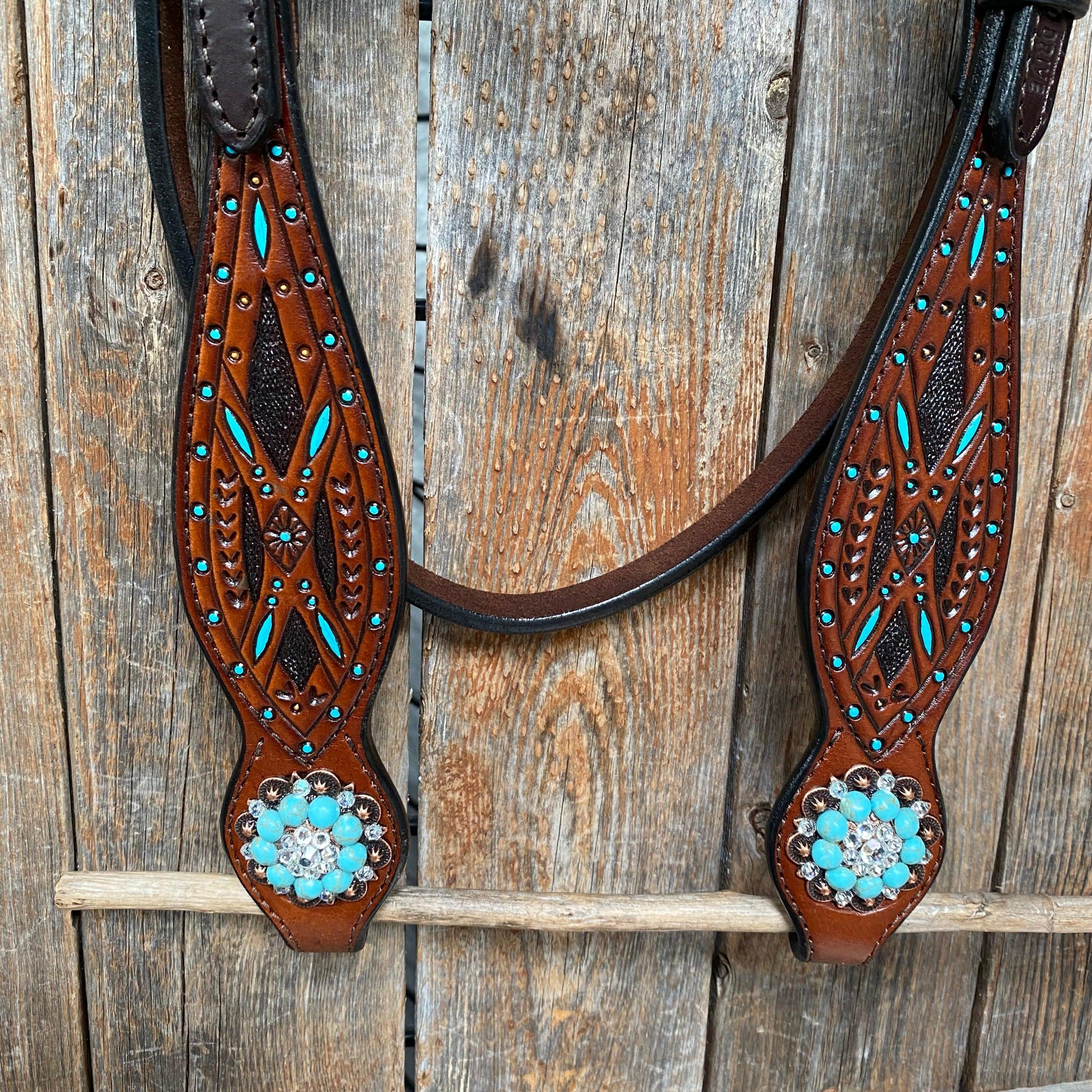 Hand Painted Two Tone Clear/Turquoise Browband / One Ear / Breastcollar #BBBC507 - RODEO DRIVE